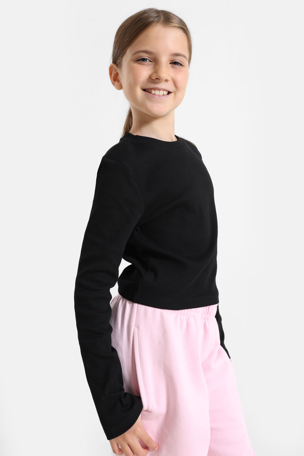 Geripptes Crop Langarmshirt - Black