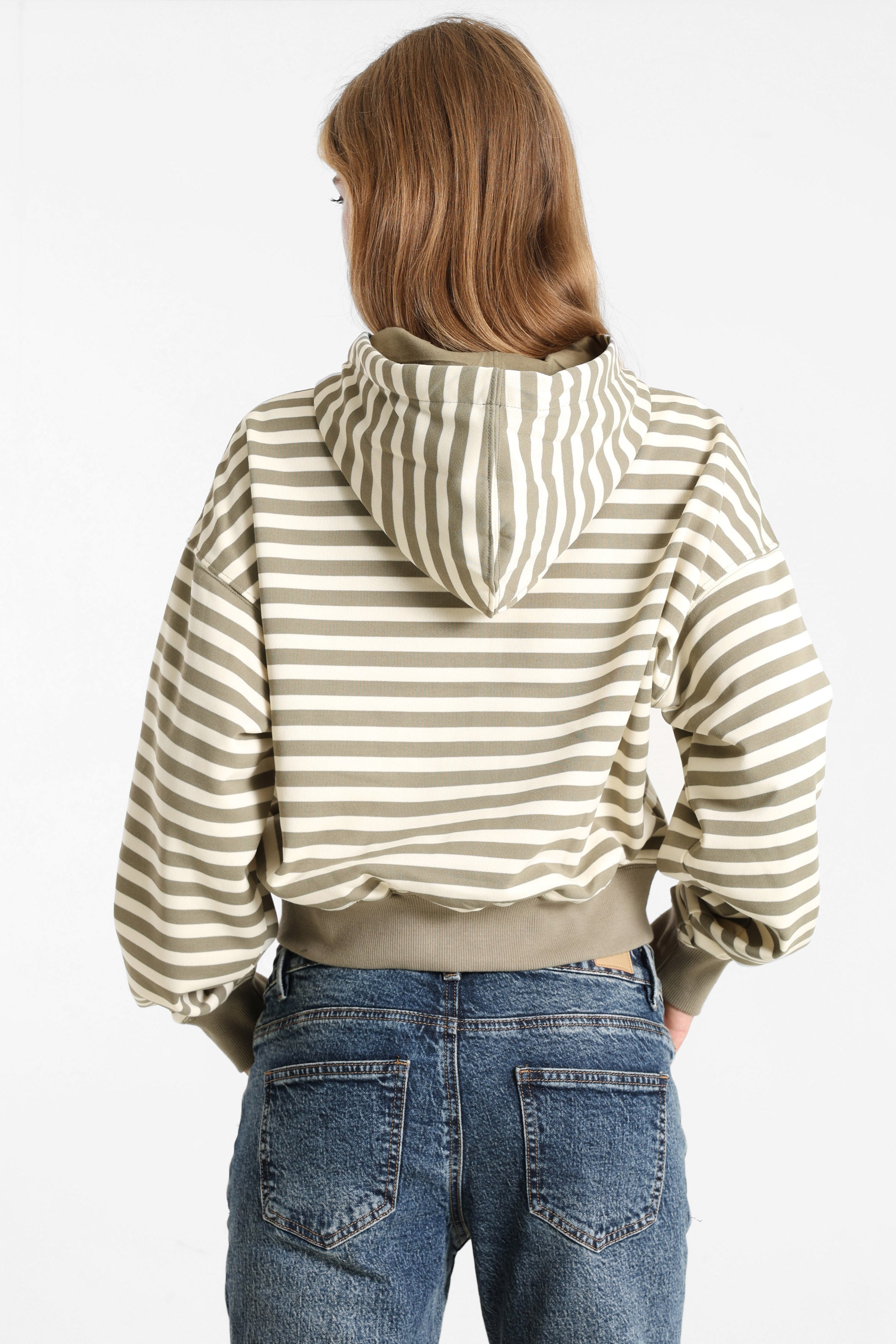 Hooded zip-up sweatshirt - Olive green + Ecru