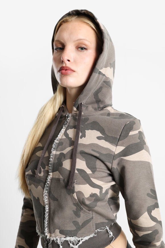 Crop hooded sweat jacket - camouflage brown