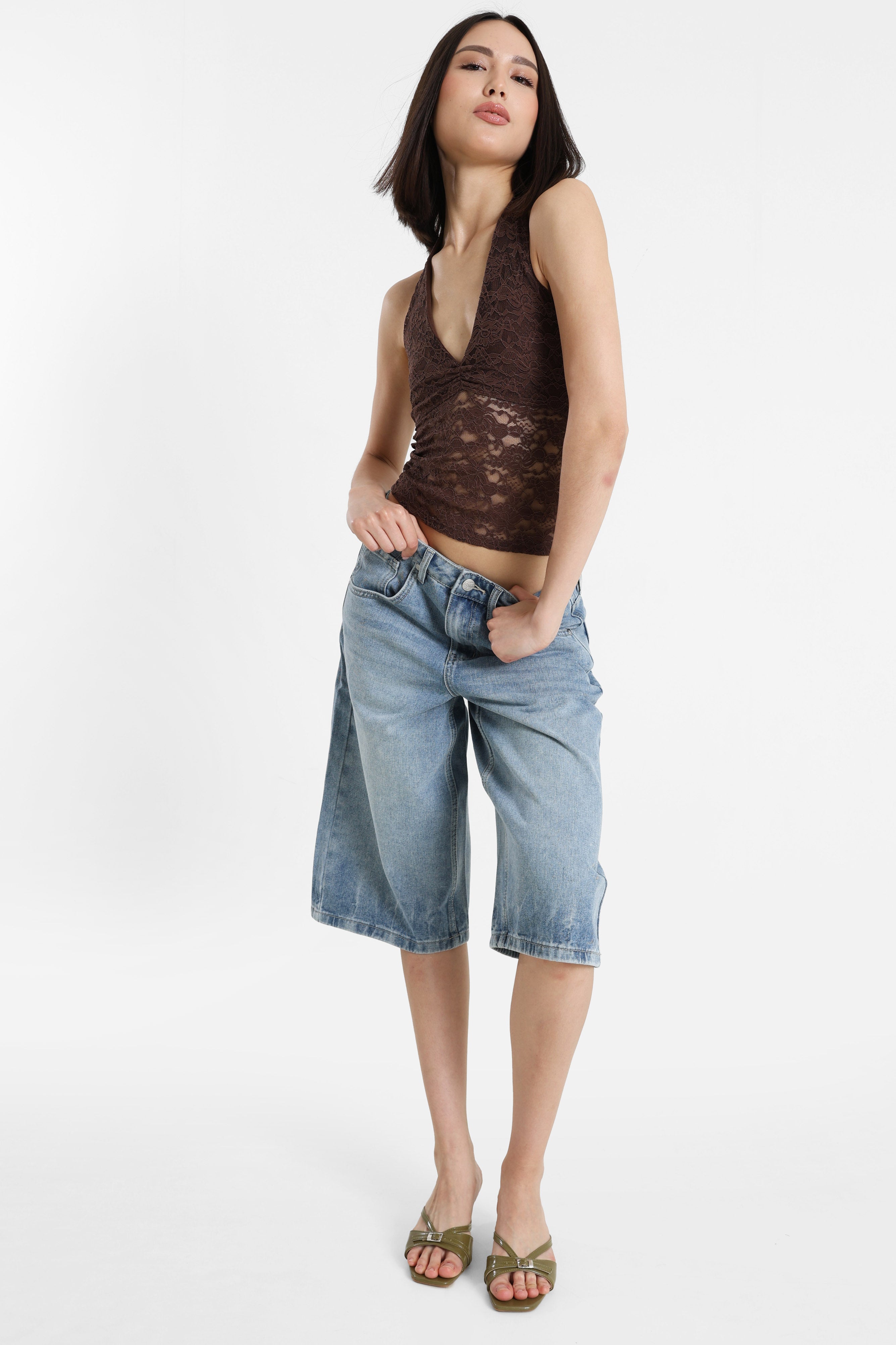 Top court dos nu en dentelle - Brun