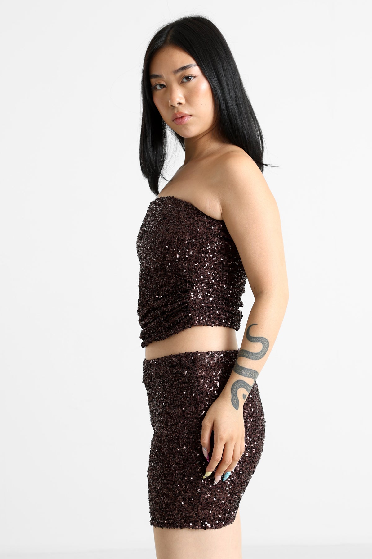 Pailletten Bandeau Crop Top - Dunkelbraun