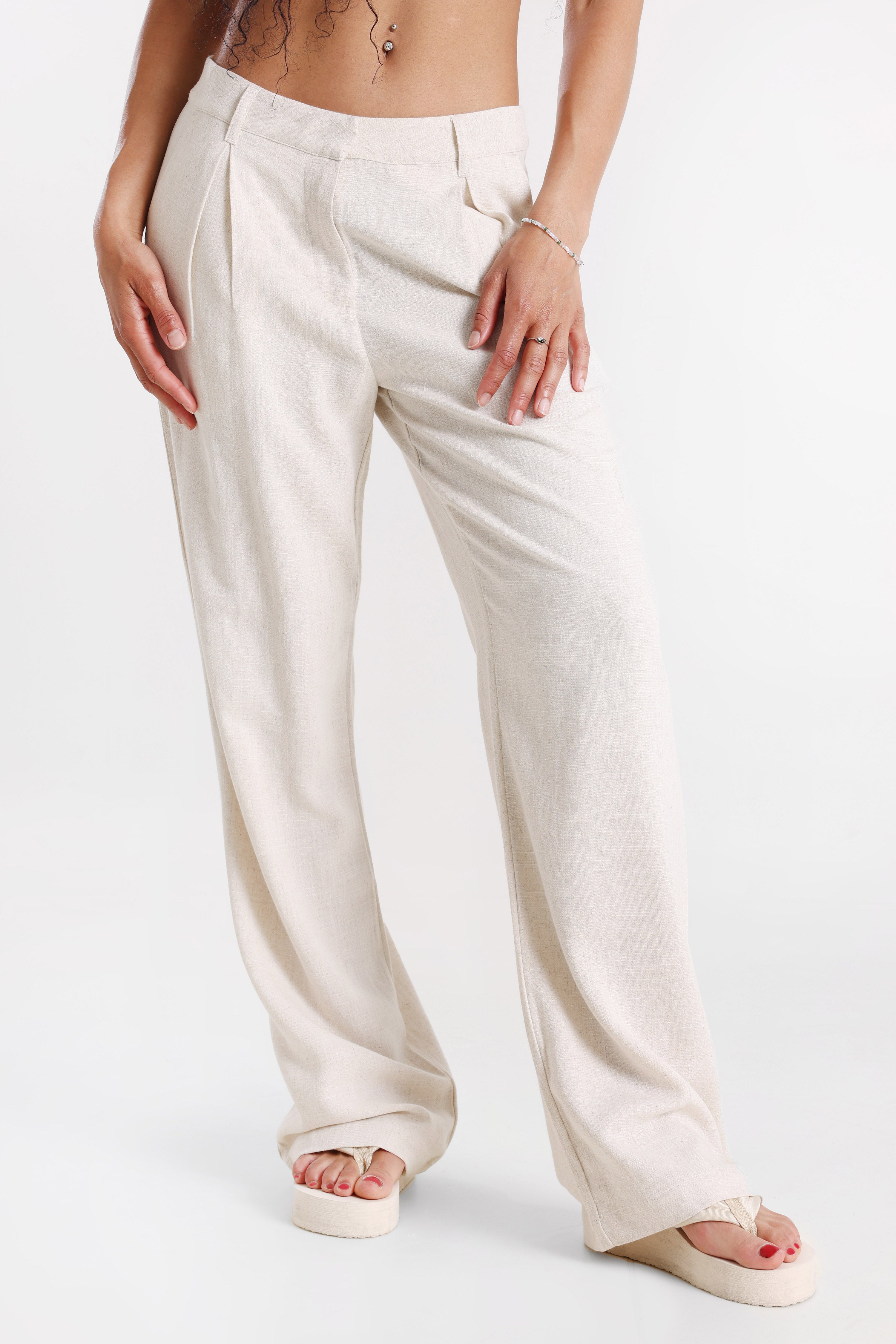 Wide Leg Leinenhose - Hellbeige meliert