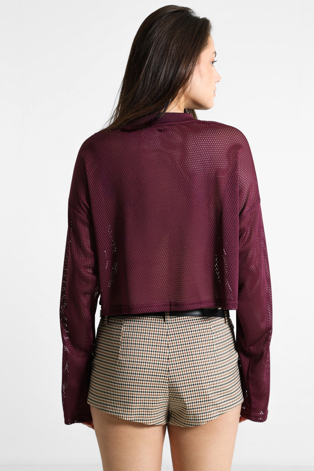 Crop Mesh Langarmshirt - Plum
