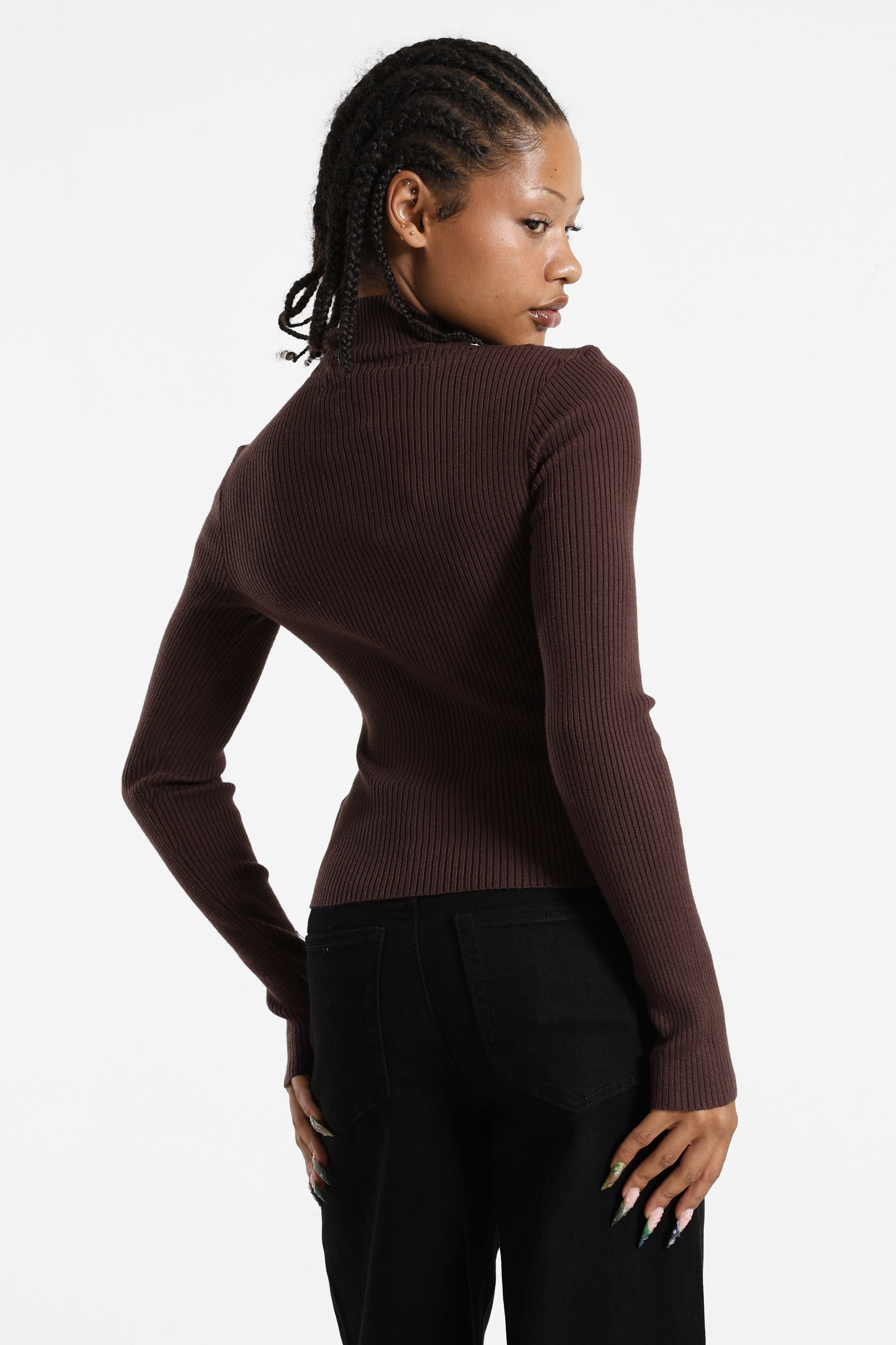 Maglione corto in maglia a coste - Brun foncé