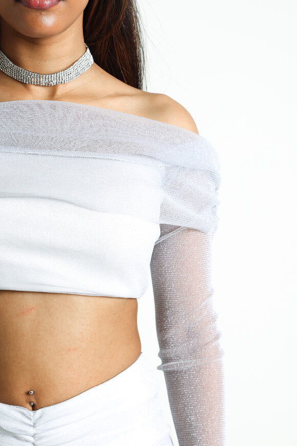 Glitter off-shoulder top - light gray + silver