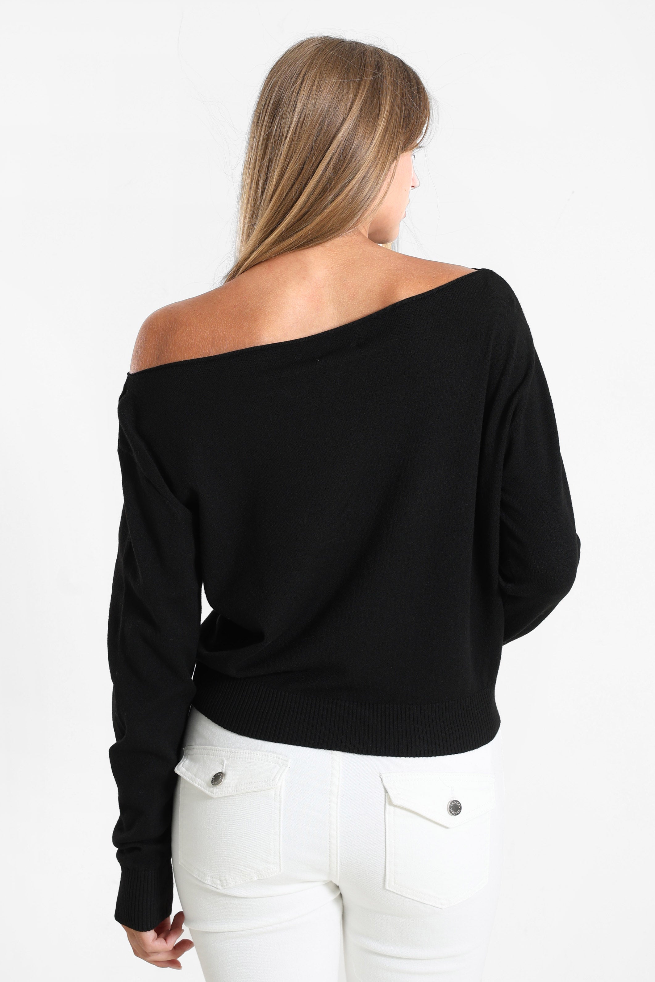 Off Shoulder Strickpullover - Schwarz