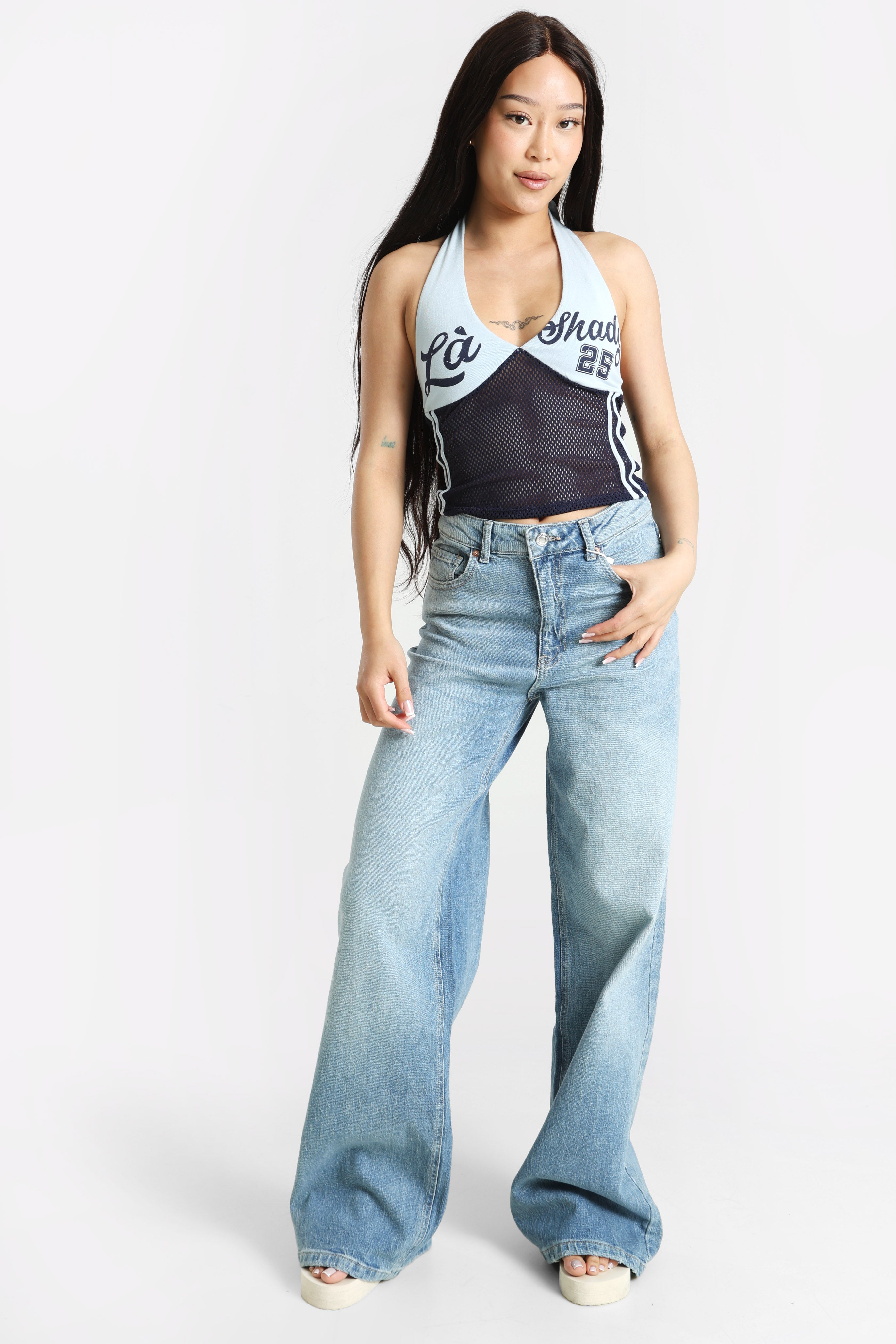 Top court dos nu en mesh - Bleu clair + Navy