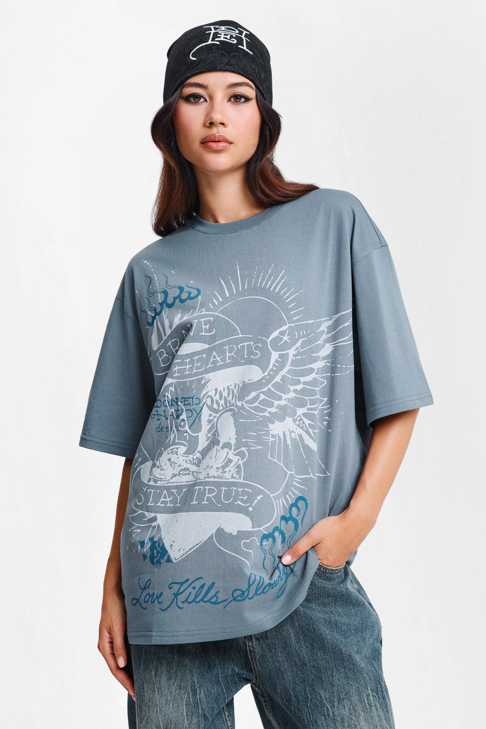 Brave Hearts loose t-shirt - Blue Washed