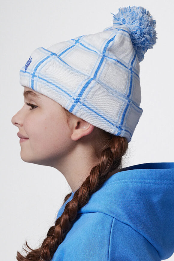 Holiday Plaid Pom-Beanie - White + Blue
