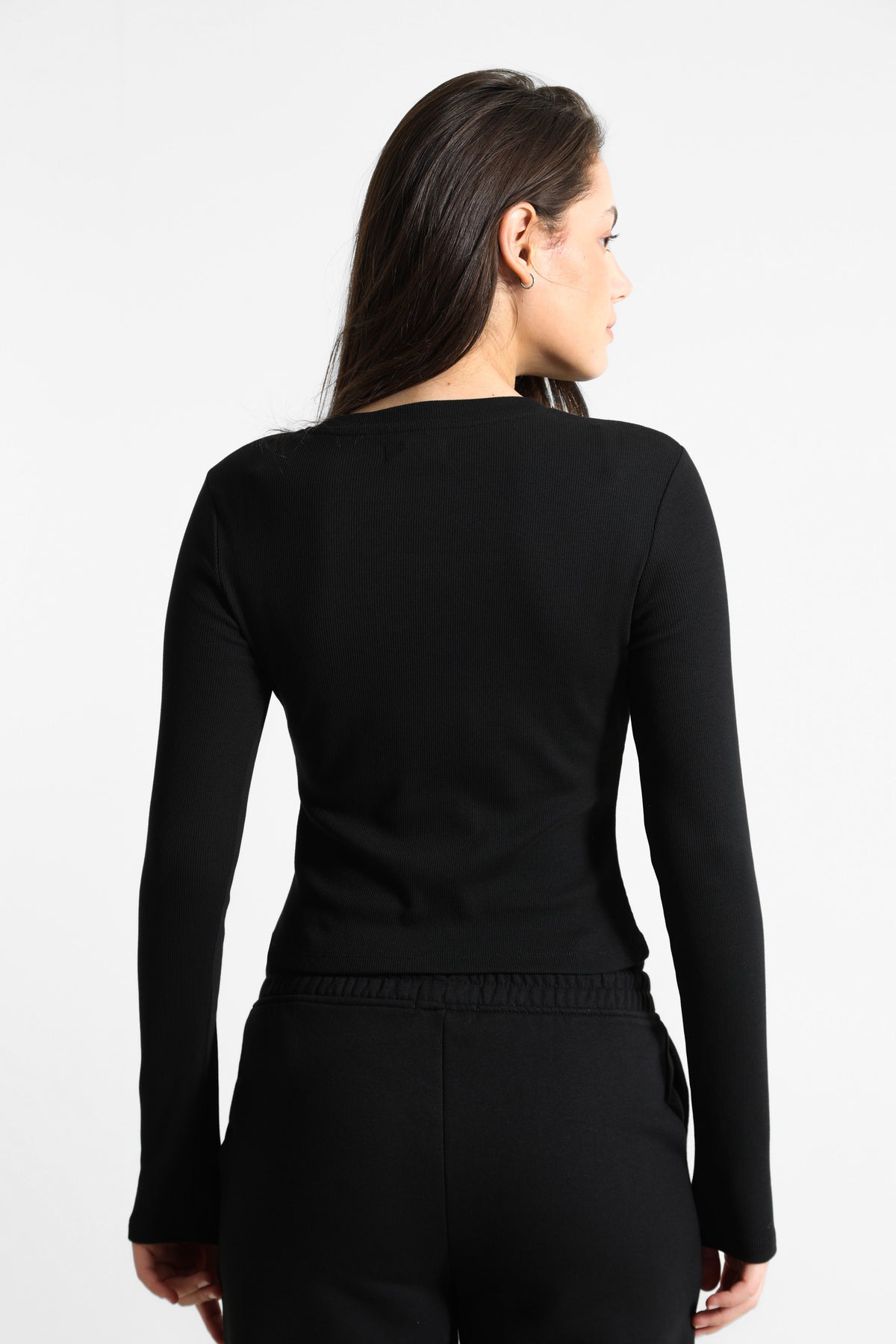 Geripptes Crop Langarmshirt - Schwarz