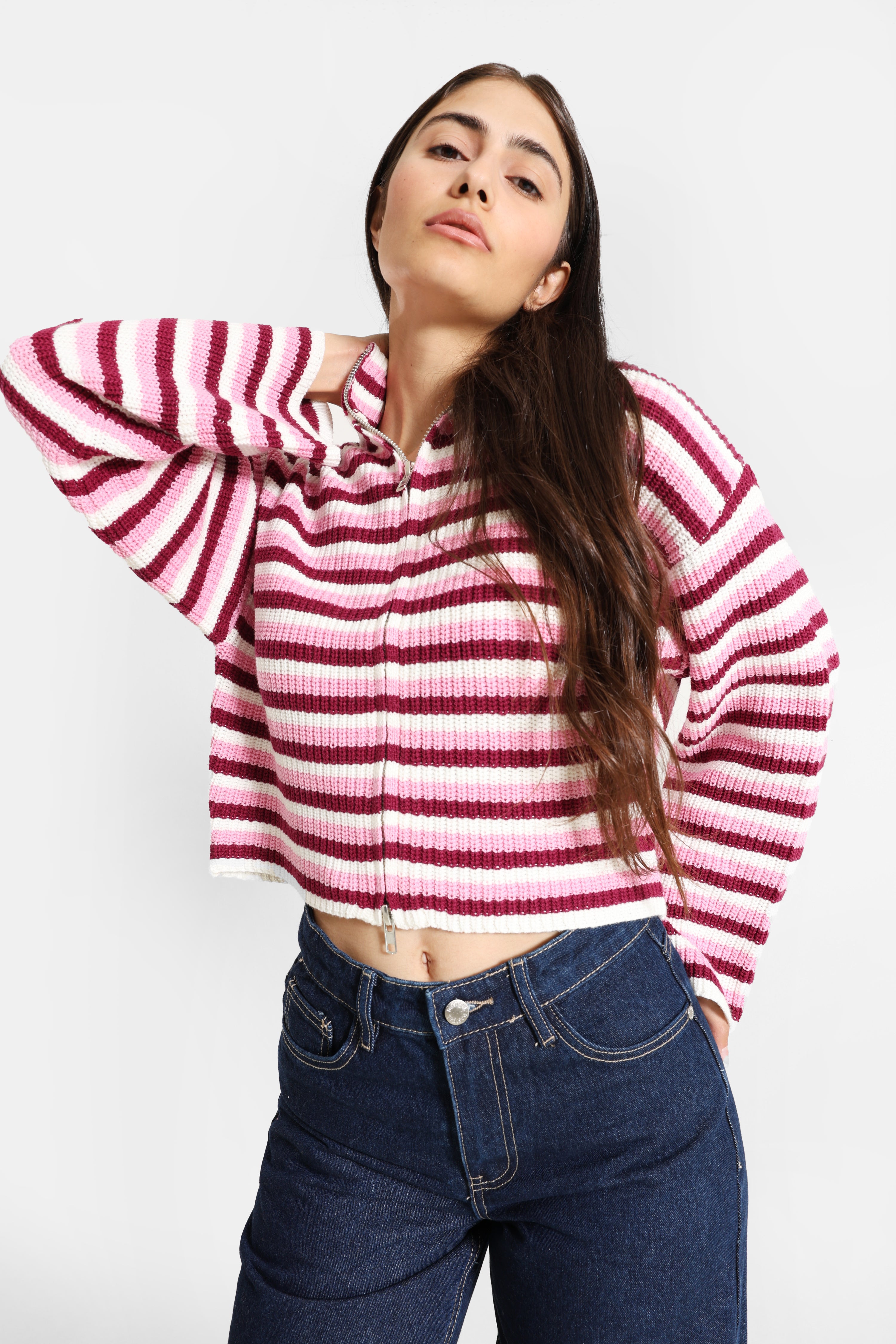 Crop Strickjacke - Pink + Offwhite + Bordeaux