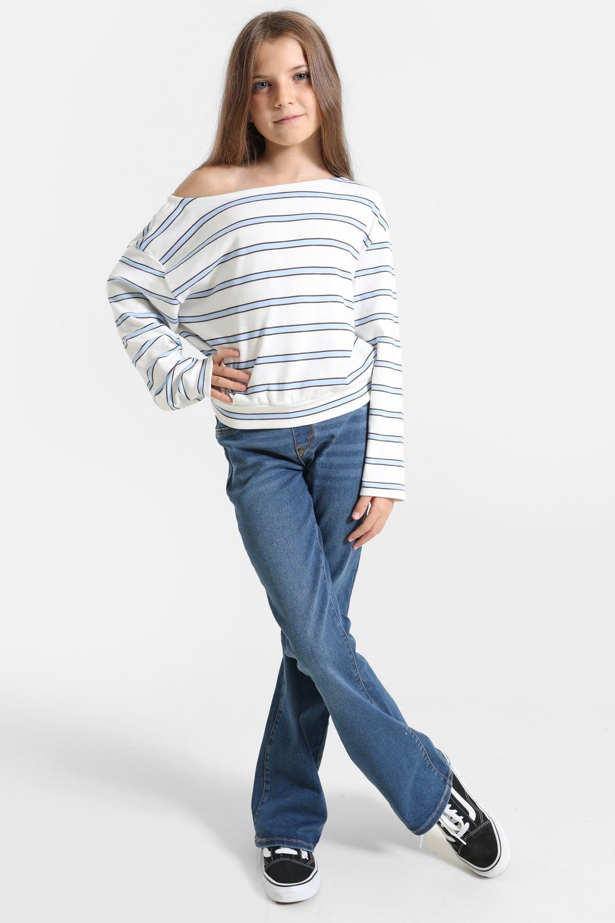 Off Shoulder Langarmshirt - Offwhite + Hellblau + Braun
