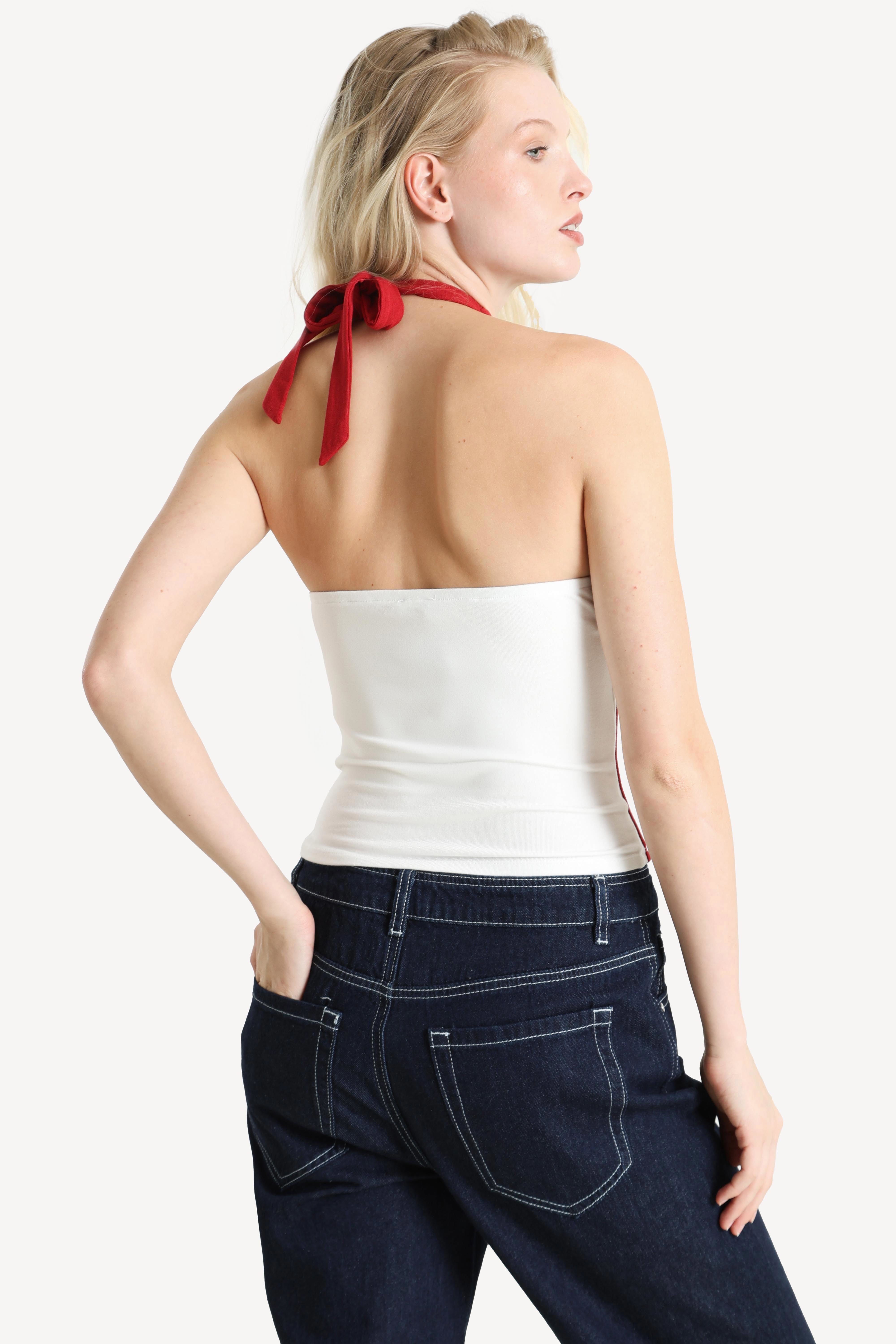 Top corto con schiena scoperta - Bianco + Rosso