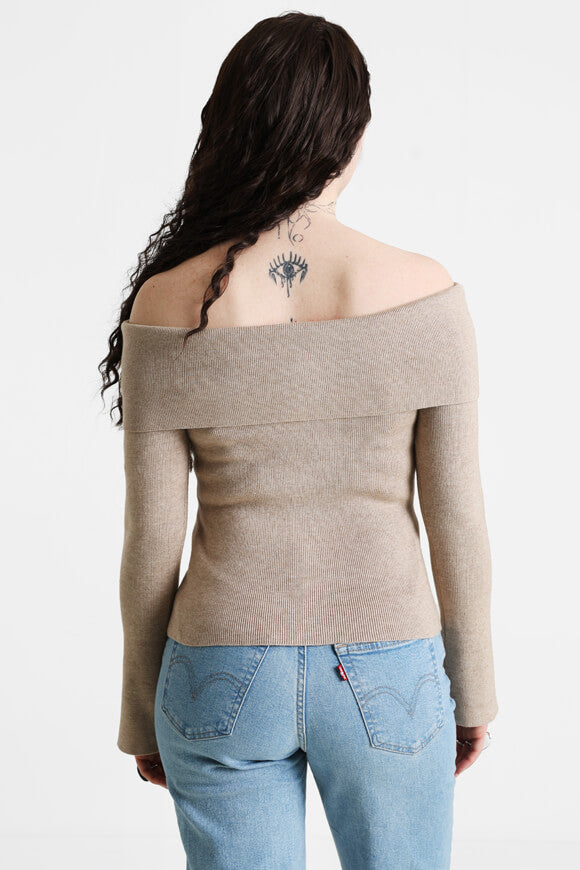 Gerippter Off Shoulder Strickpullover - Beige meliert