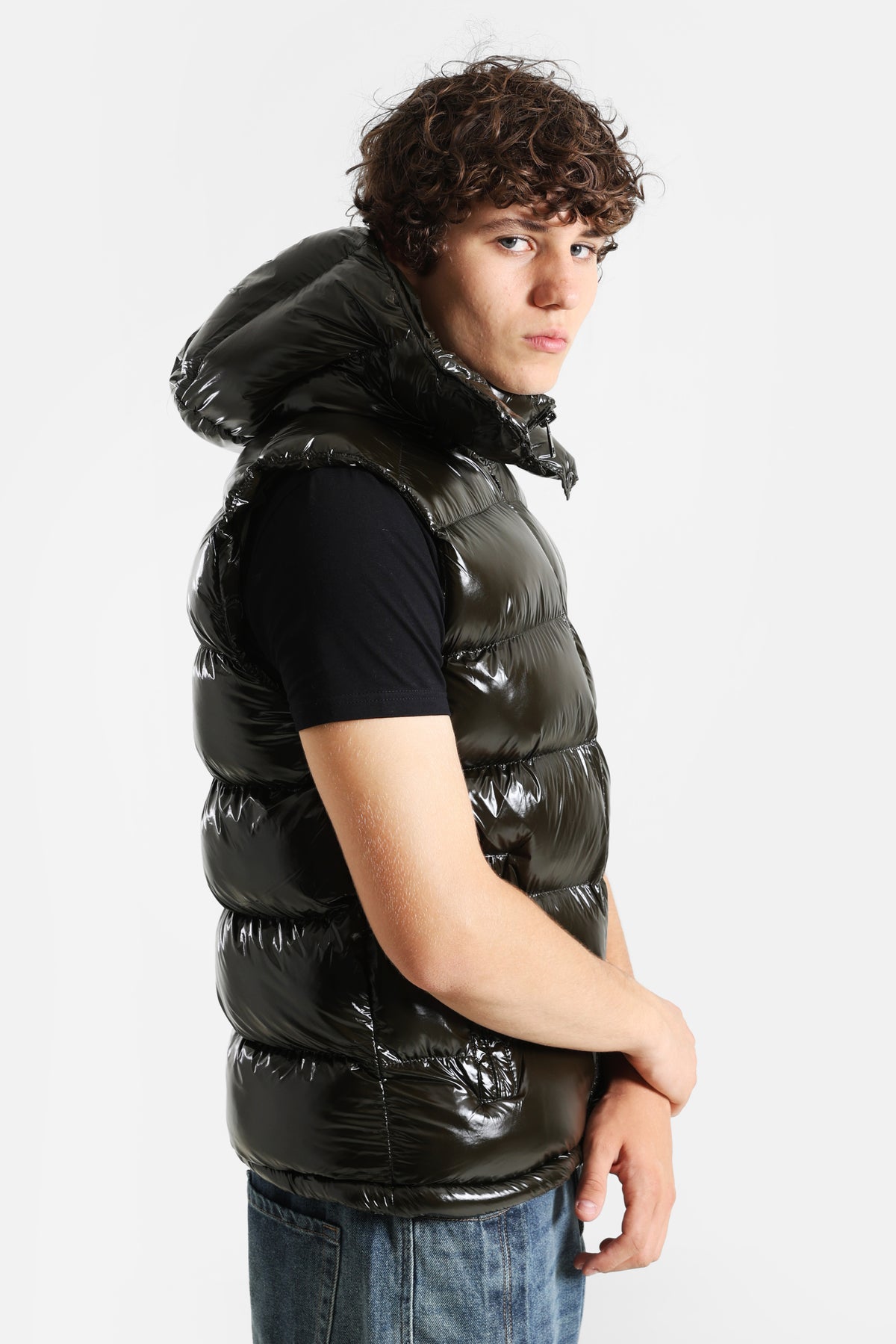 Puffergilet in Glanz-Optik - Dark Olive