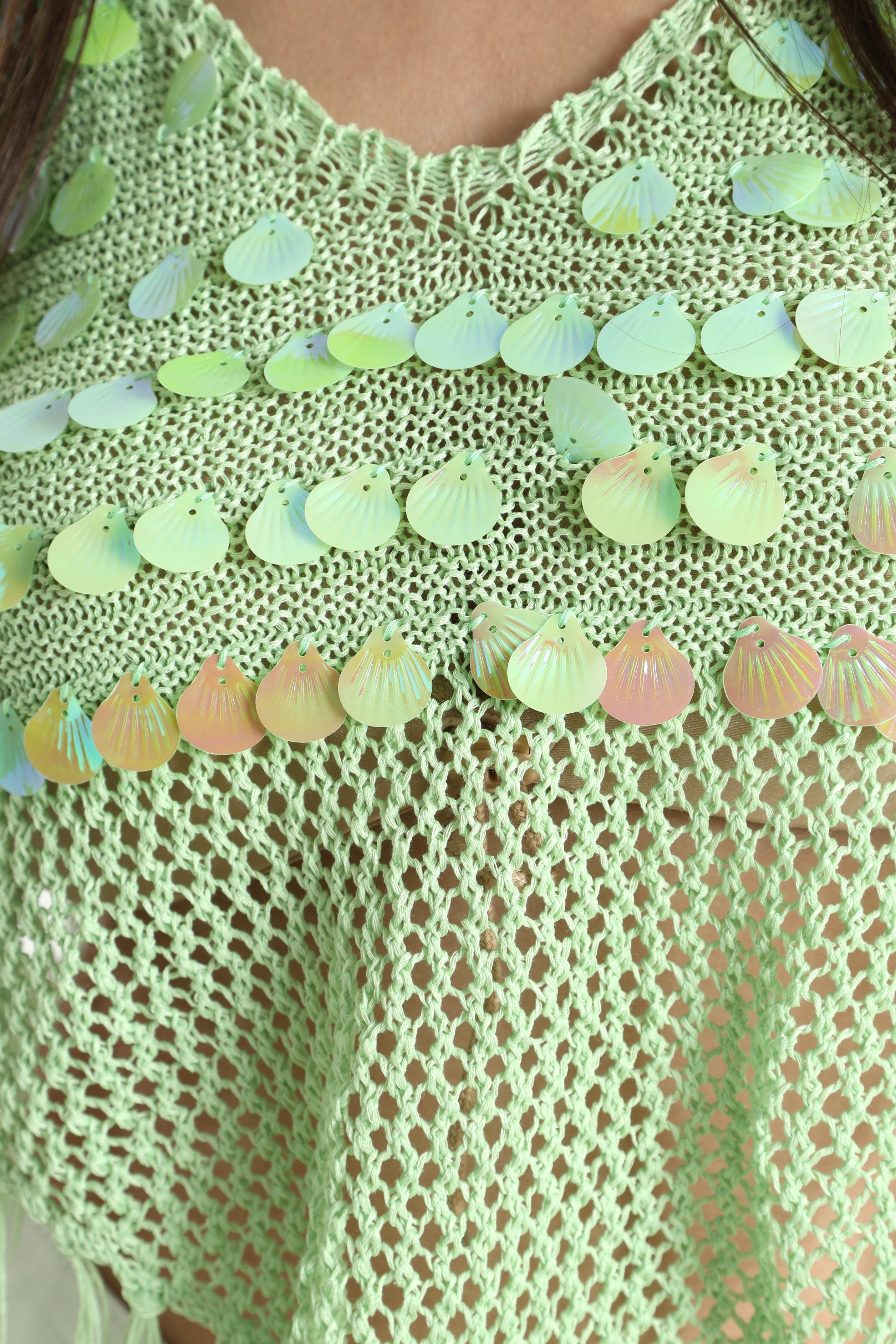 Pailletten Neckholder Häkel Top - Light Green