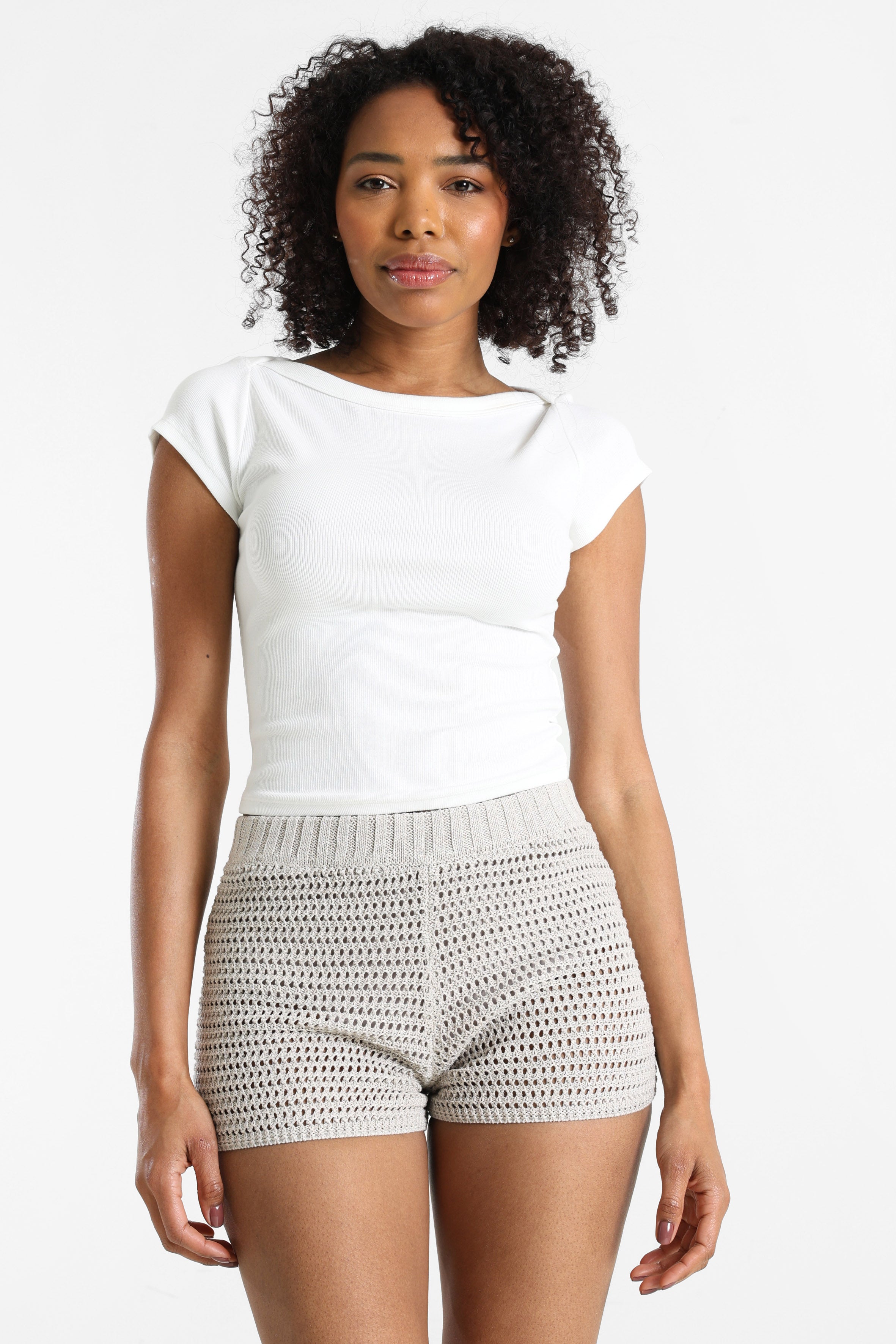Geripptes Crop T-Shirt - Ecru