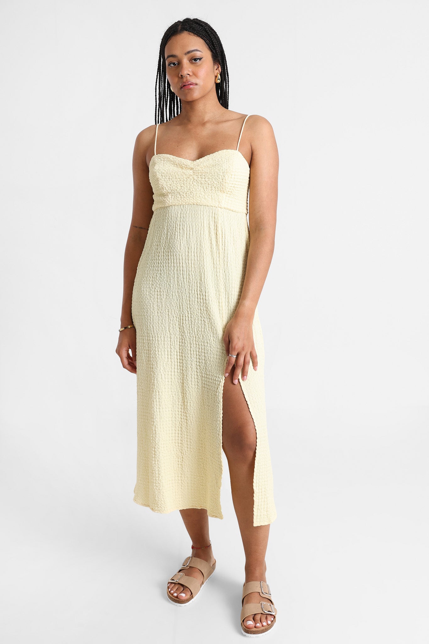 Robe midi en tissu structuré - Jaune