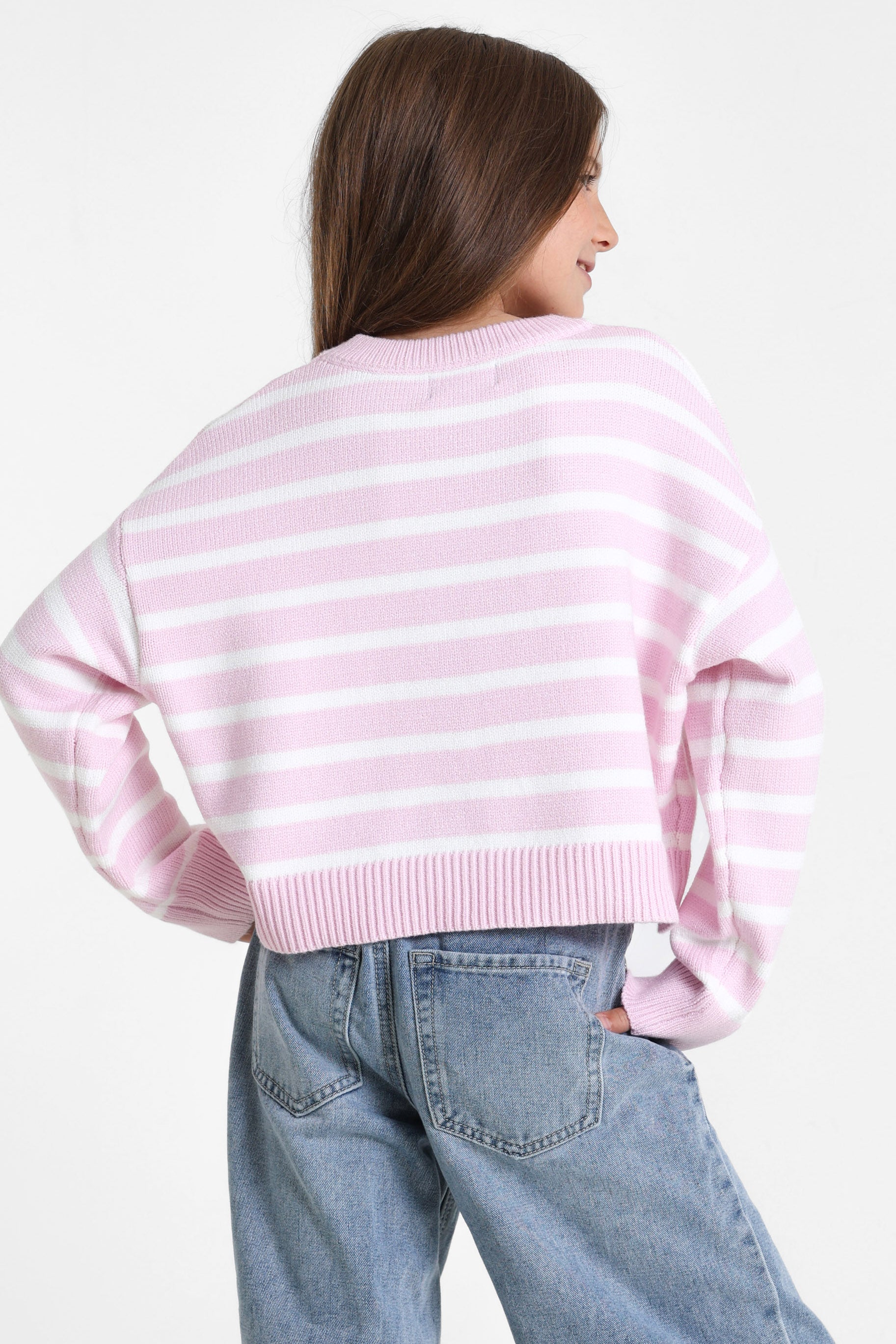 Crop Strickpullover - Rosa + Weiss