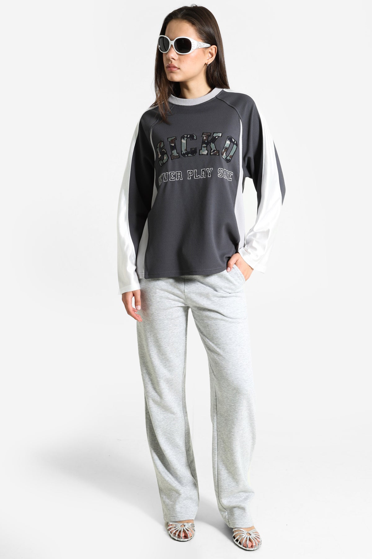 Mesh Langarmshirt - Anthracite + Ecru