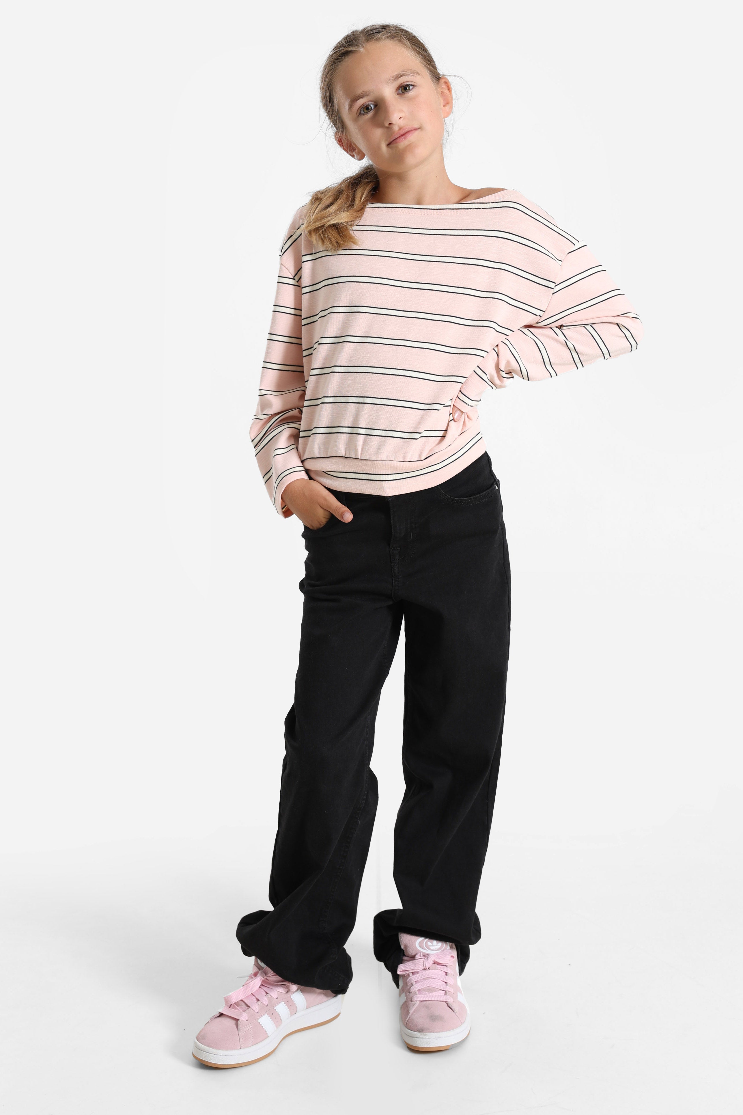 Off Shoulder Langarmshirt - Rosa + Offwhite + Schwarz