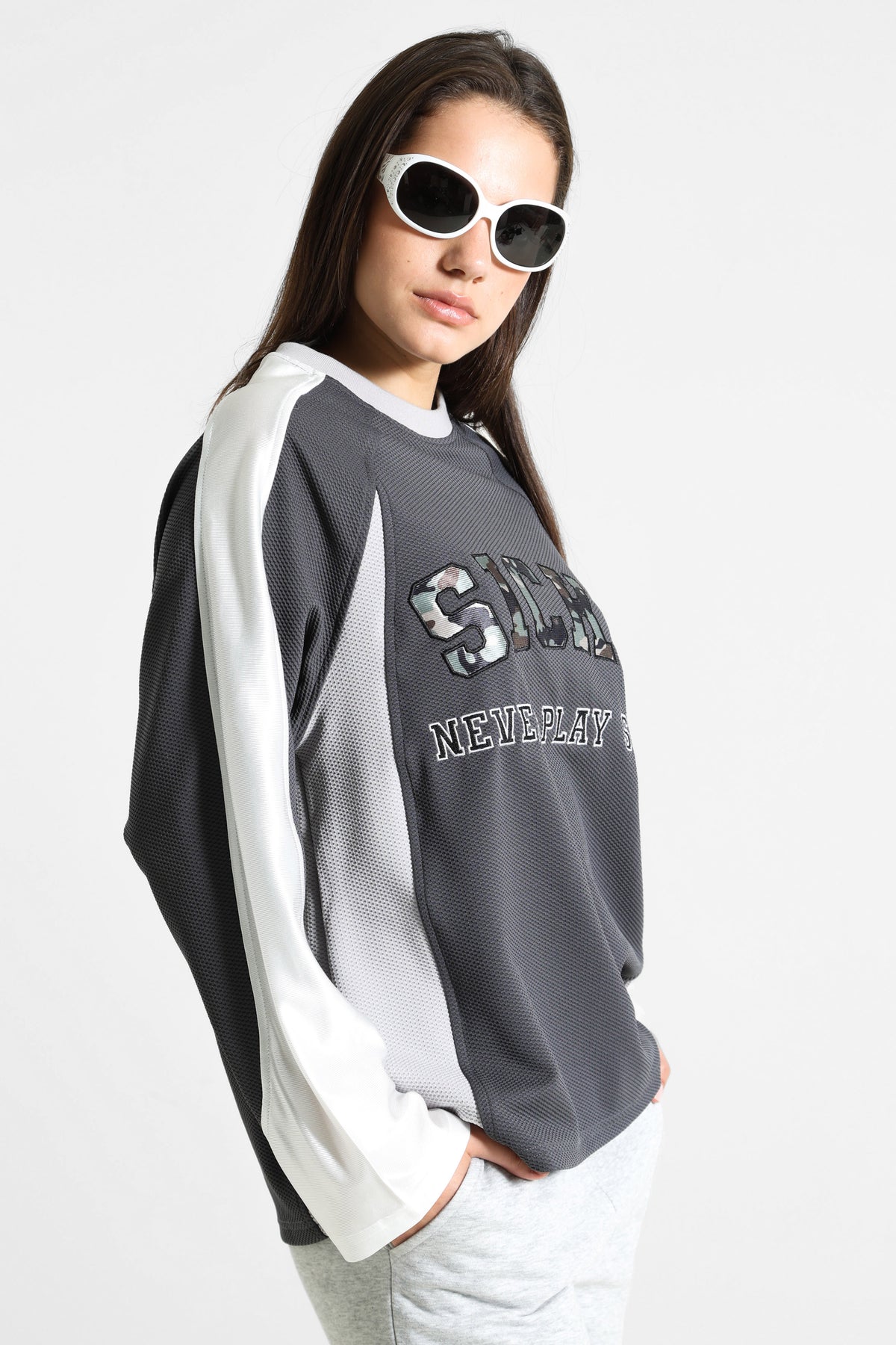 Mesh Langarmshirt - Anthracite + Ecru