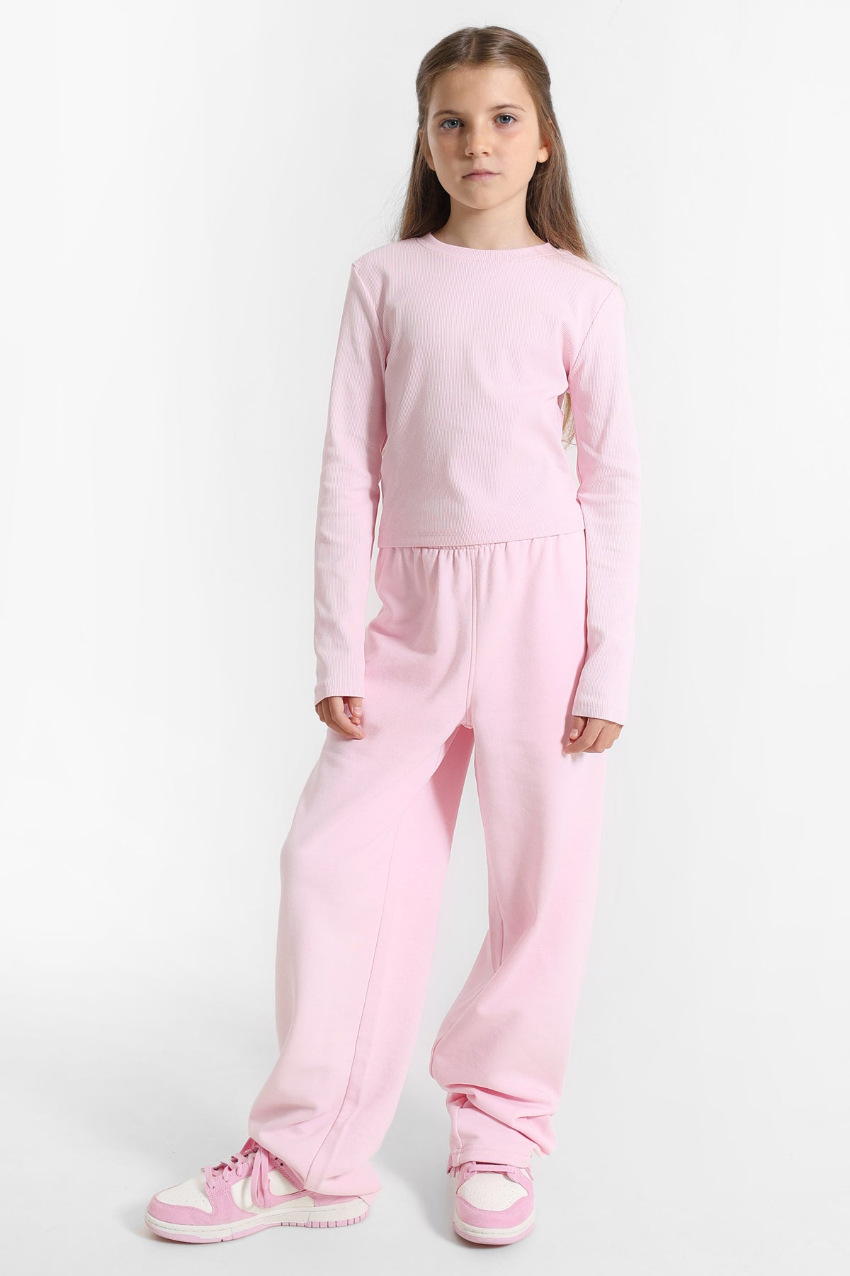 Geripptes Crop Langarmshirt - Rosa