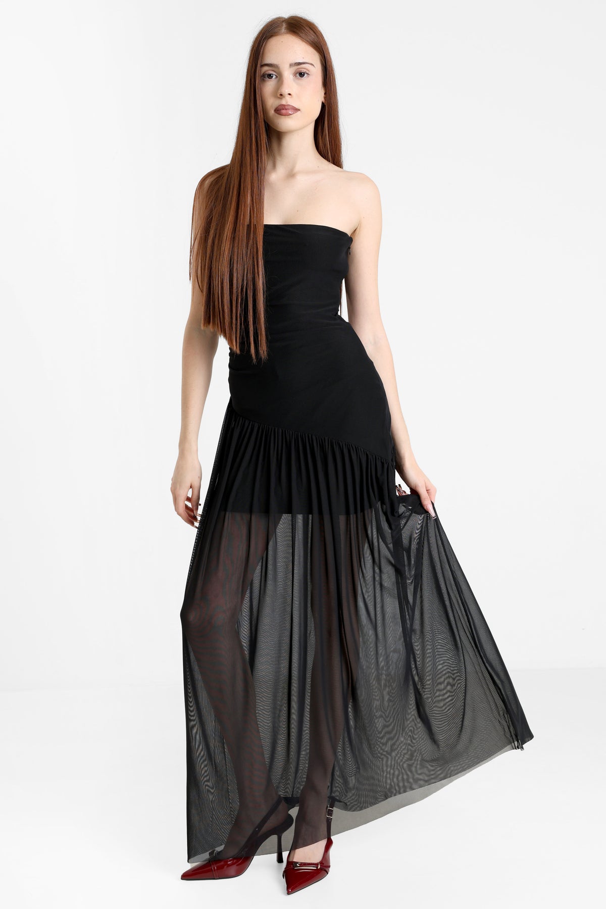 Mesh-Bandeau Maxikleid - Schwarz