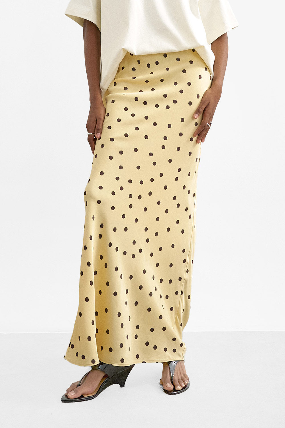 TSMALENE Satin Long Polka Dot Skirt - Buttercream