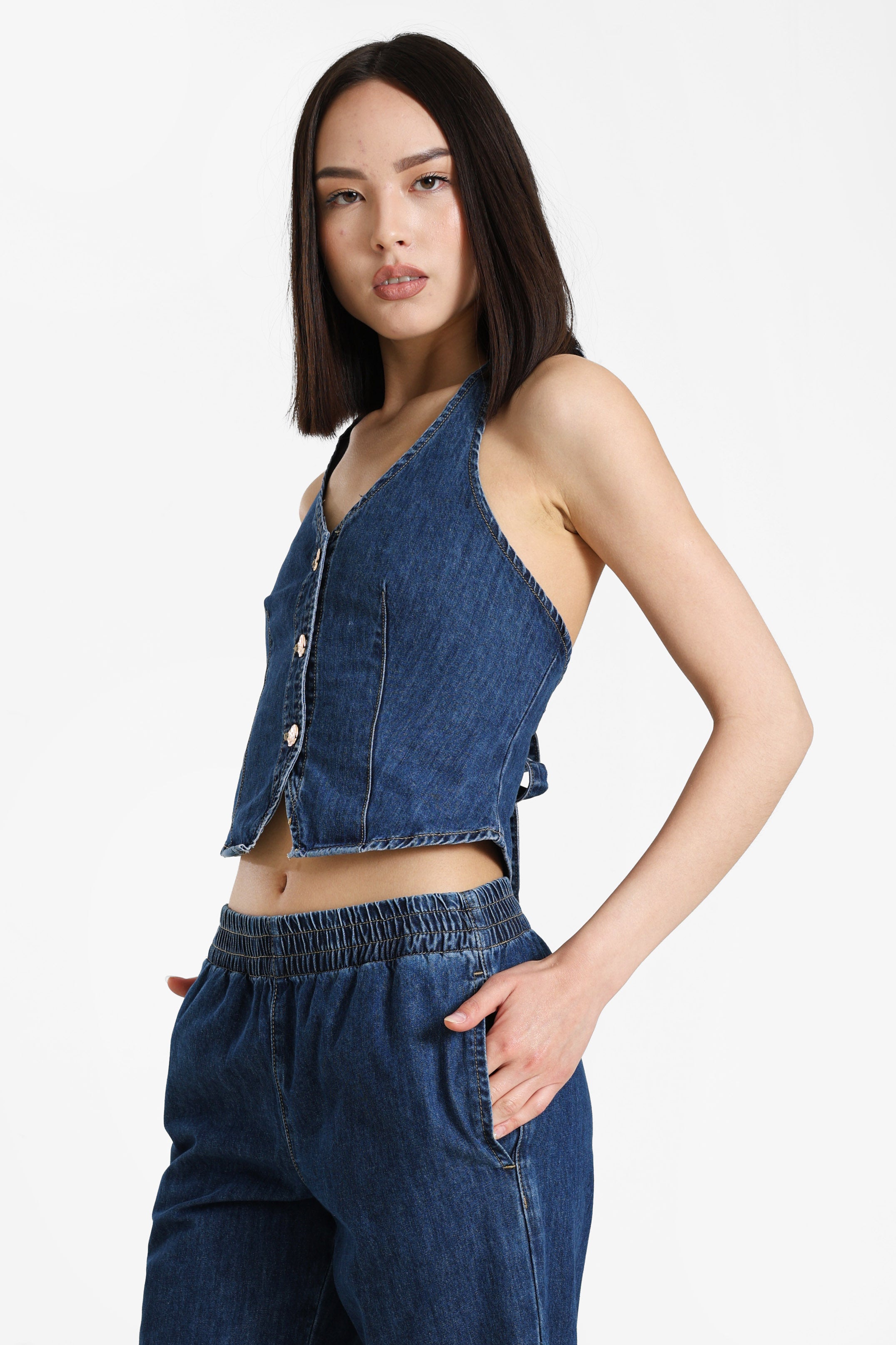 Top corto in denim con schiena scoperta - Bleu denim