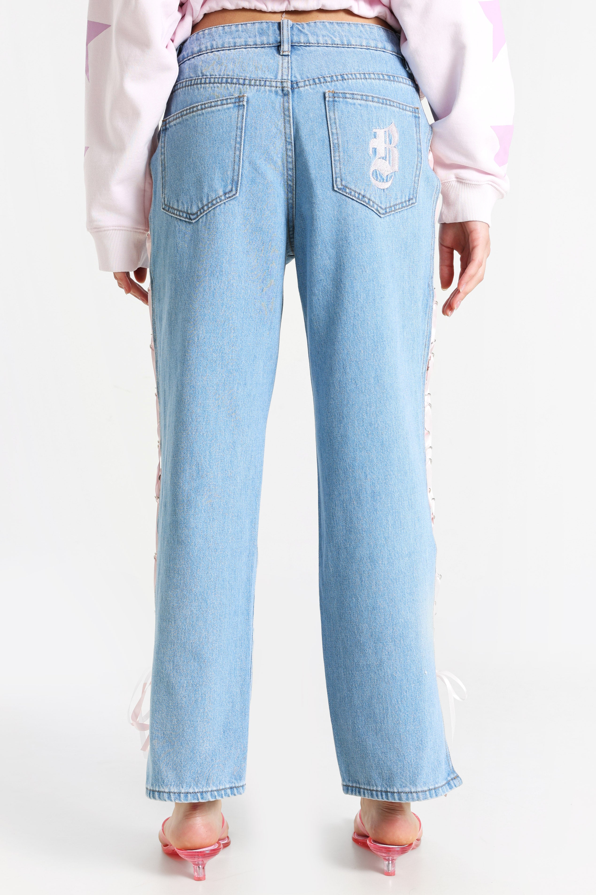 Straight Fit Jeans - Hellblau + Rosa