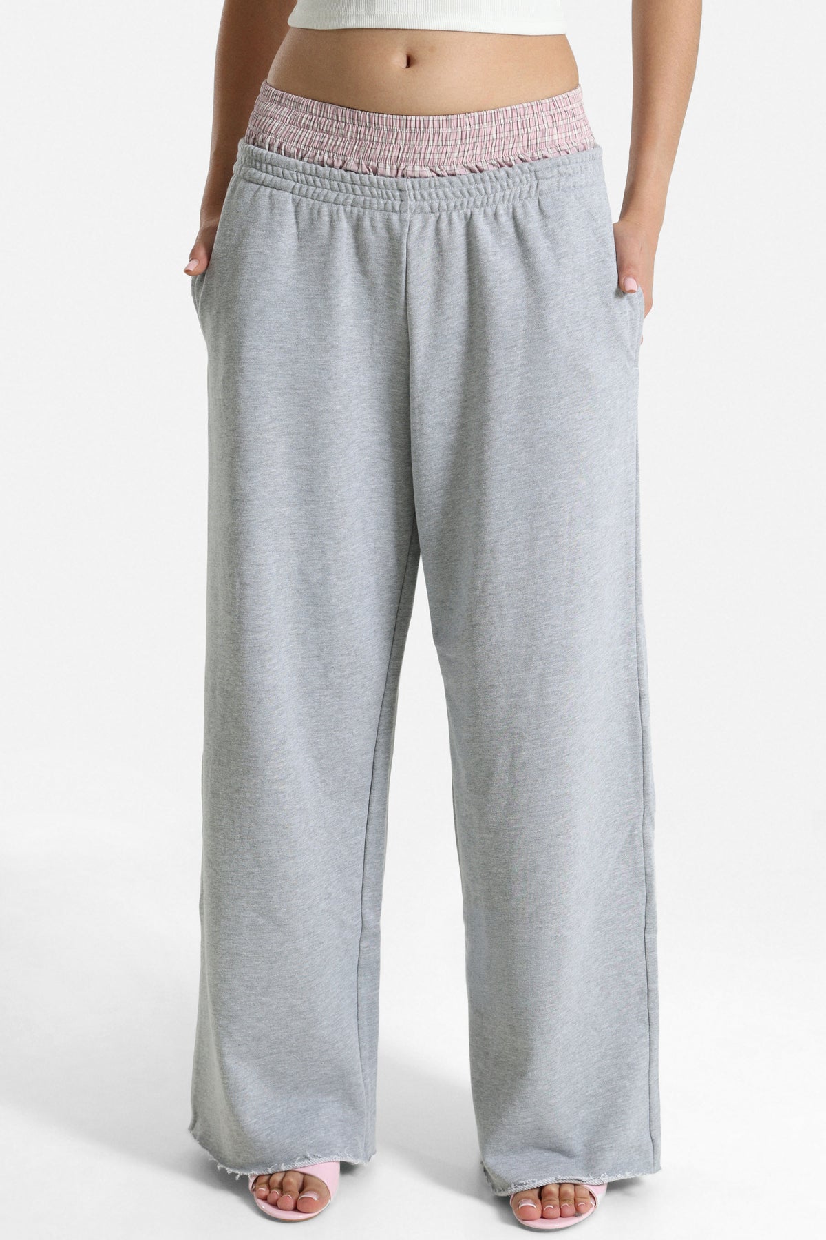 Pantalone in felpa - Grigio mélange + Rosa