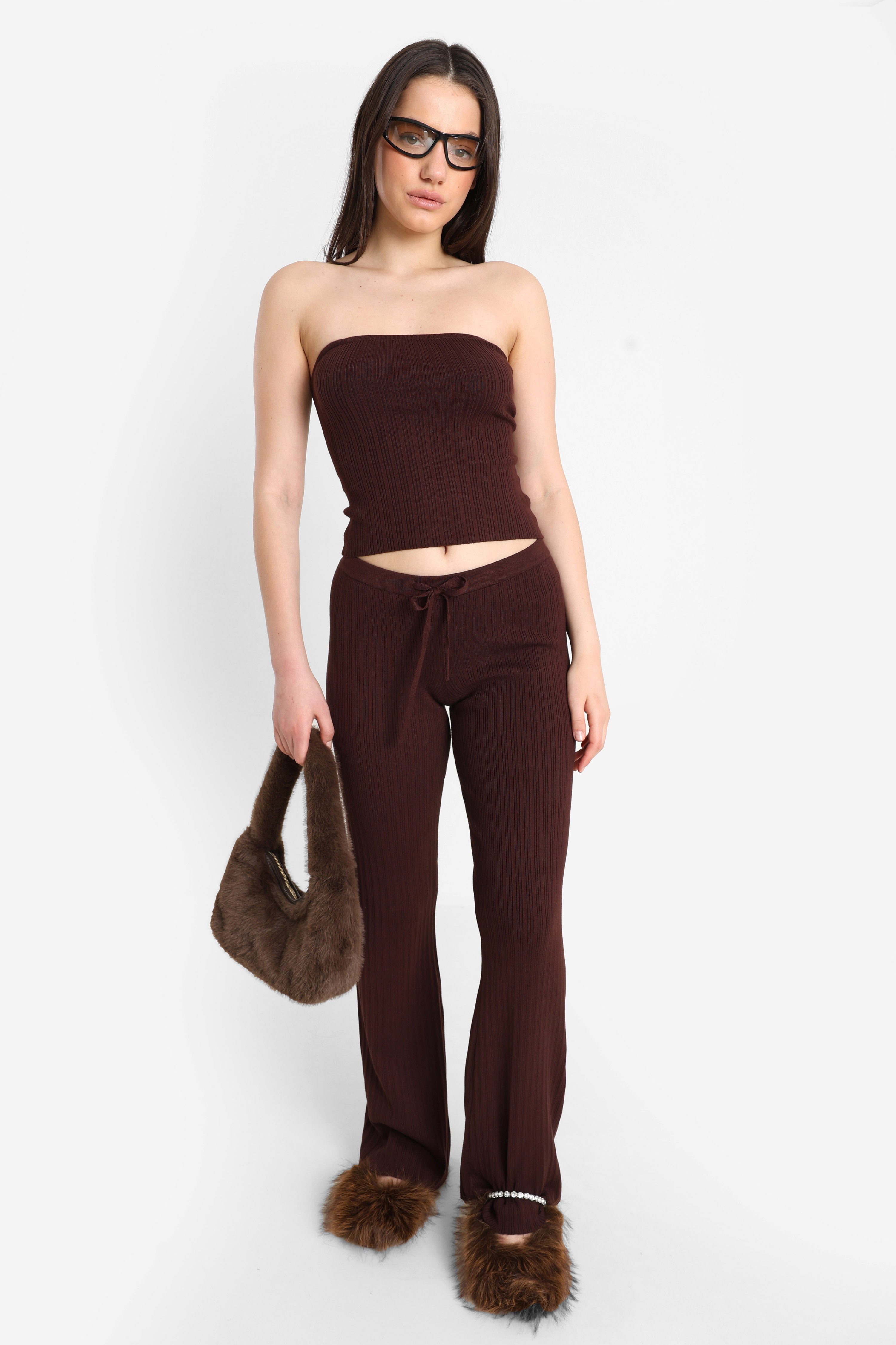 Gerippte Strickhose - Dunkelbraun