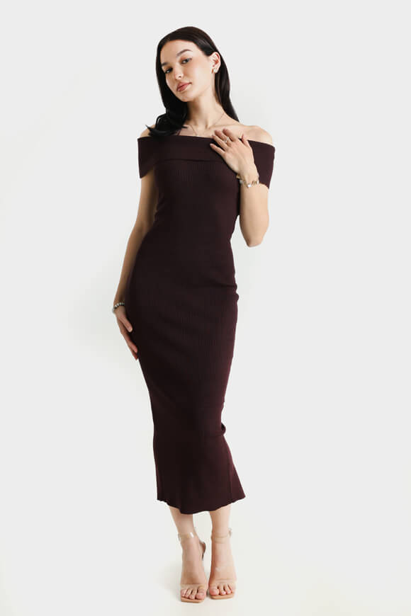 Robe en maille côtelée off shoulder - Marron