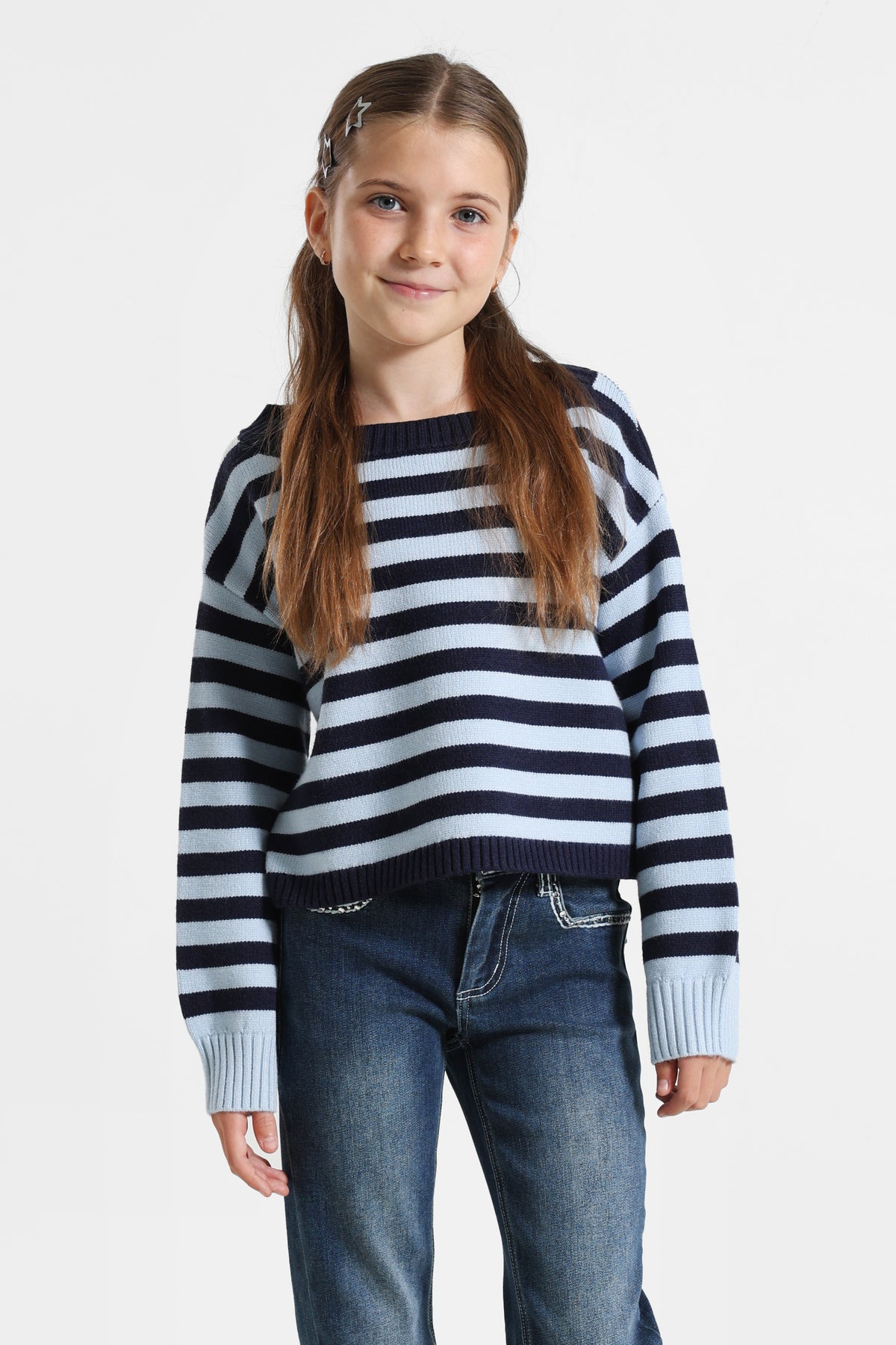 Oversize Chenille Strickpullover - Dunkelblau + Hellblau
