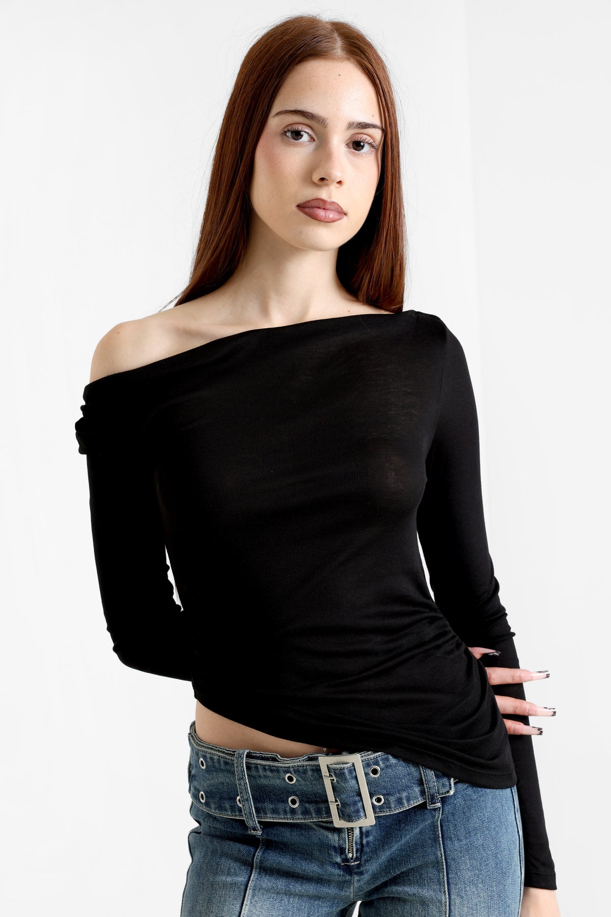 Off Shoulder Langarmshirt - Schwarz
