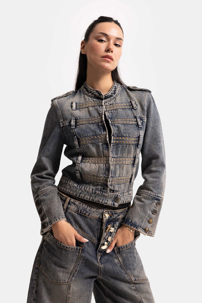 Napolyon giacca corta in denim con borchie - Medium Blue Denim