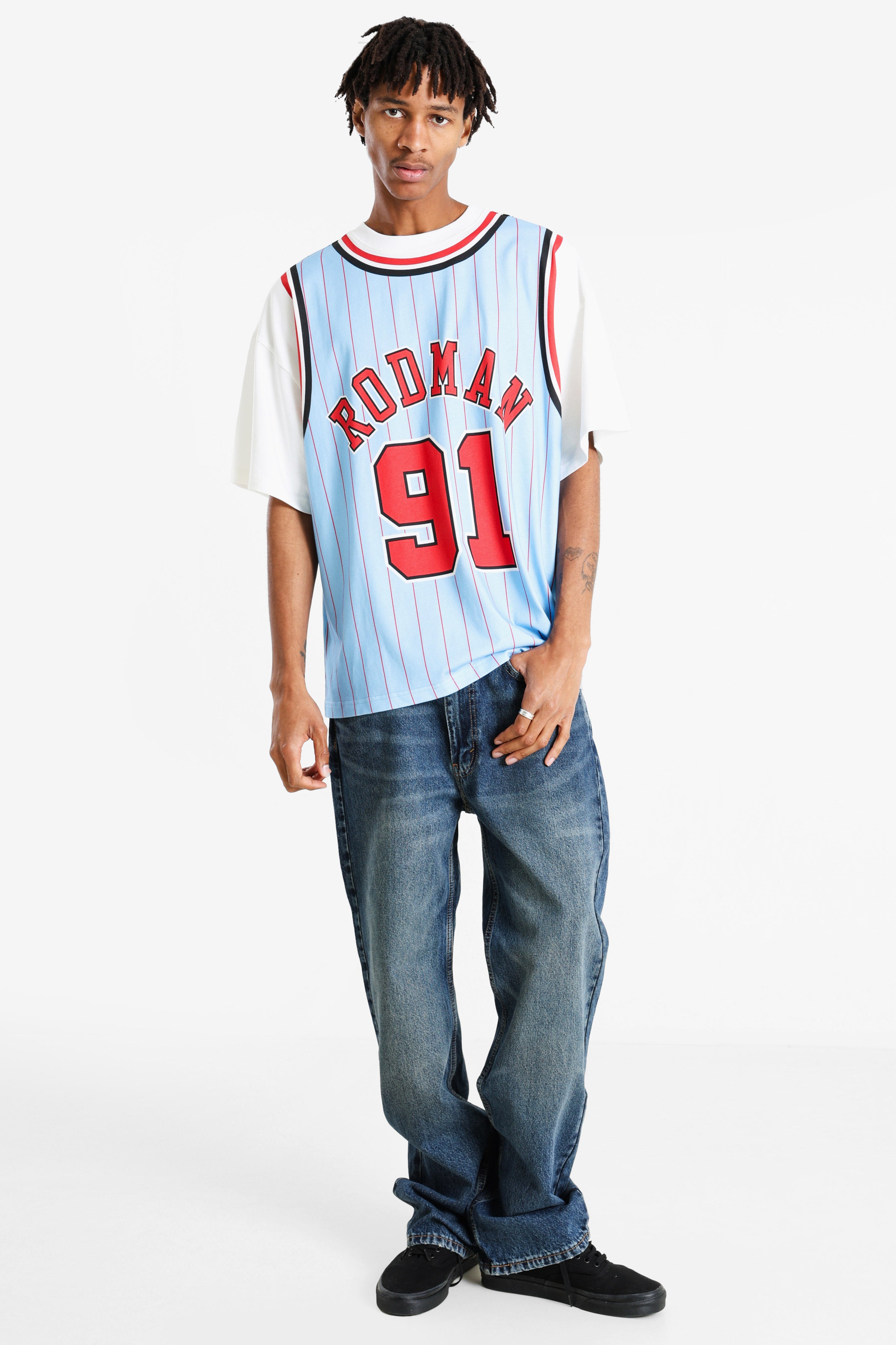 Dennis Rodman t-shirt ample - Light Blue + White
