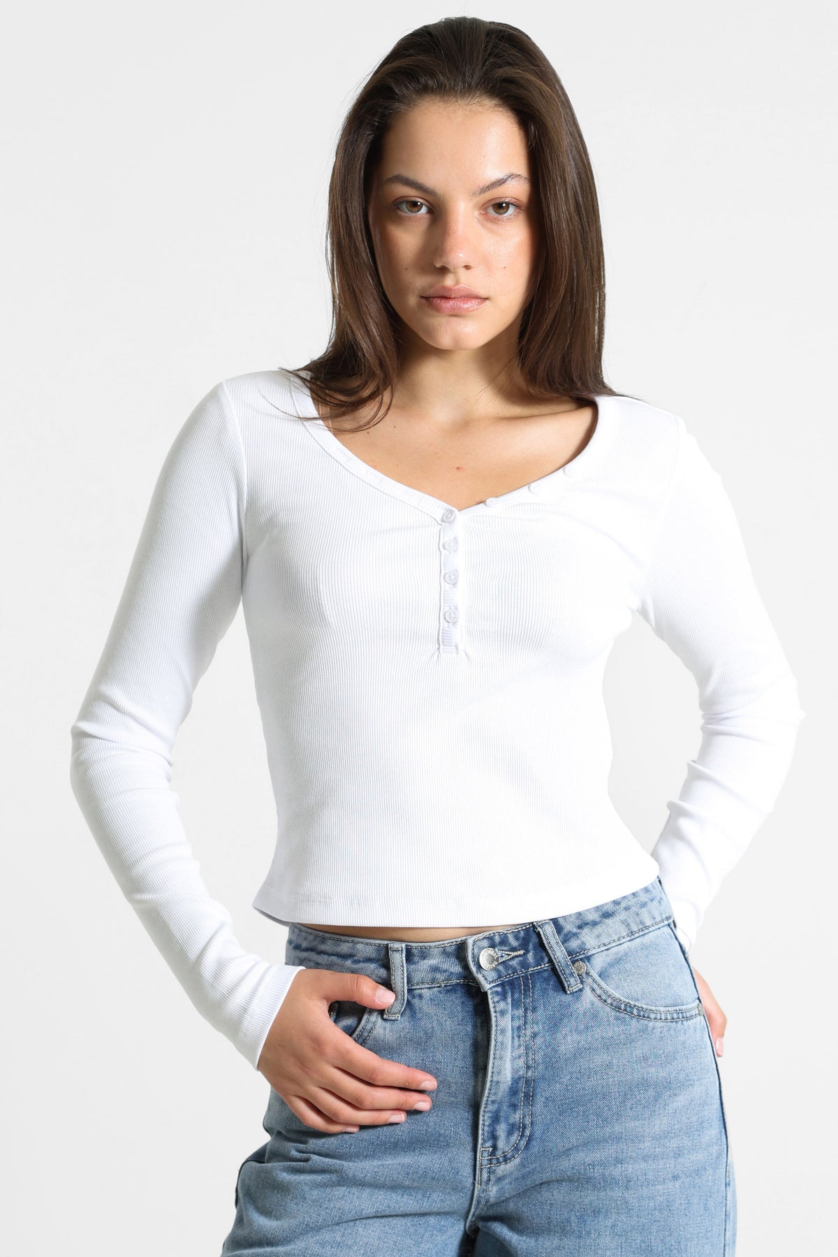 Geripptes Crop Langarmshirt - Weiss