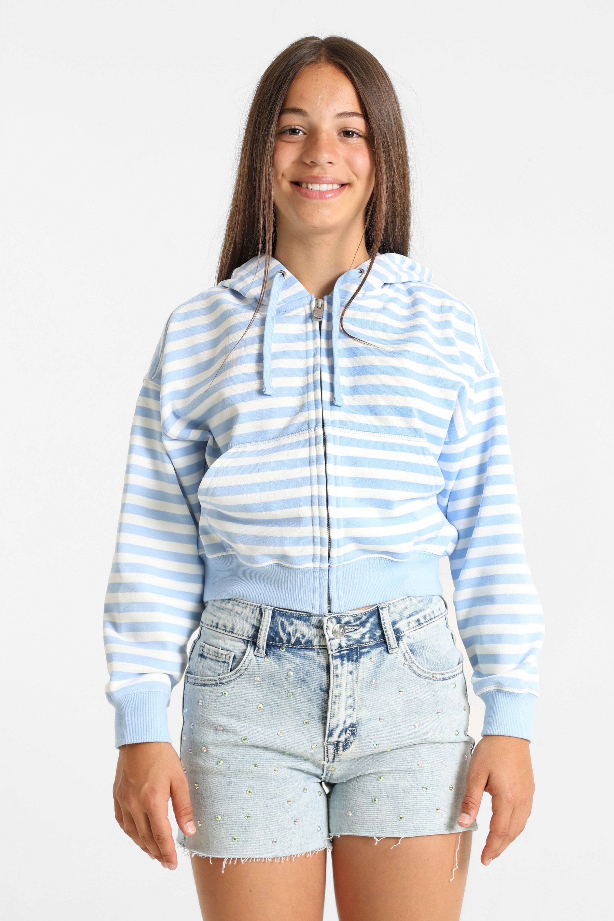 Felpa con cappuccio e zip - Bleu clair + Bianco