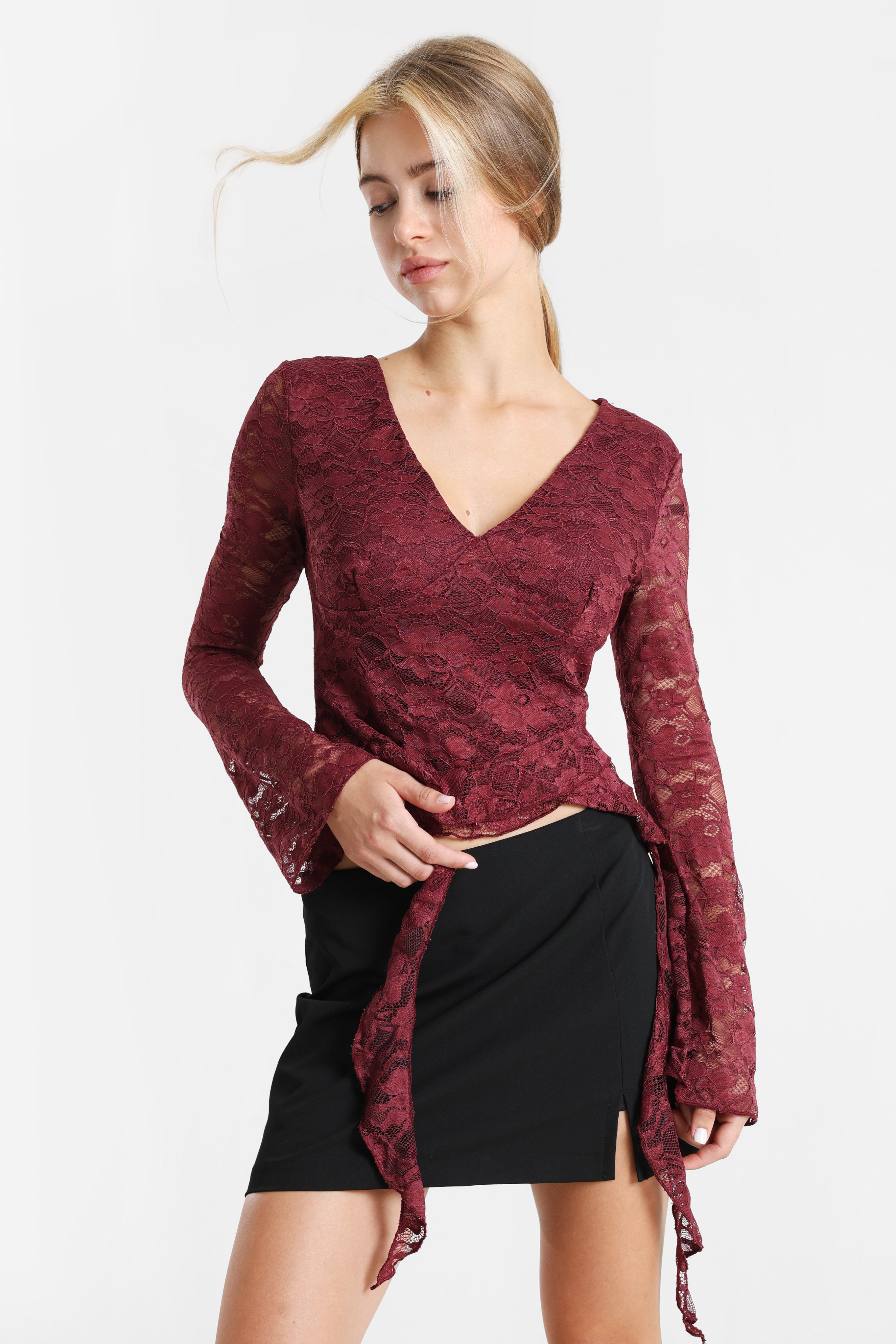 Crop Spitzen Langarmshirt - Bordeaux