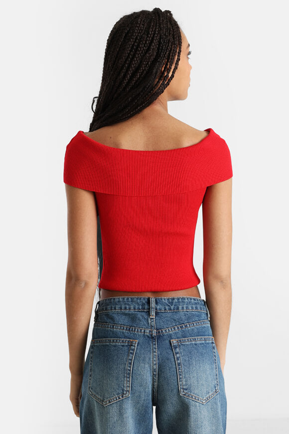 Top a coste in maglia off-shoulder - rosso