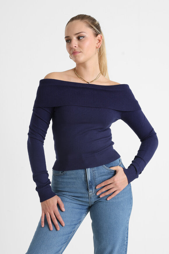 Crop Off Shoulder Feinstrickpullover - Marineblau