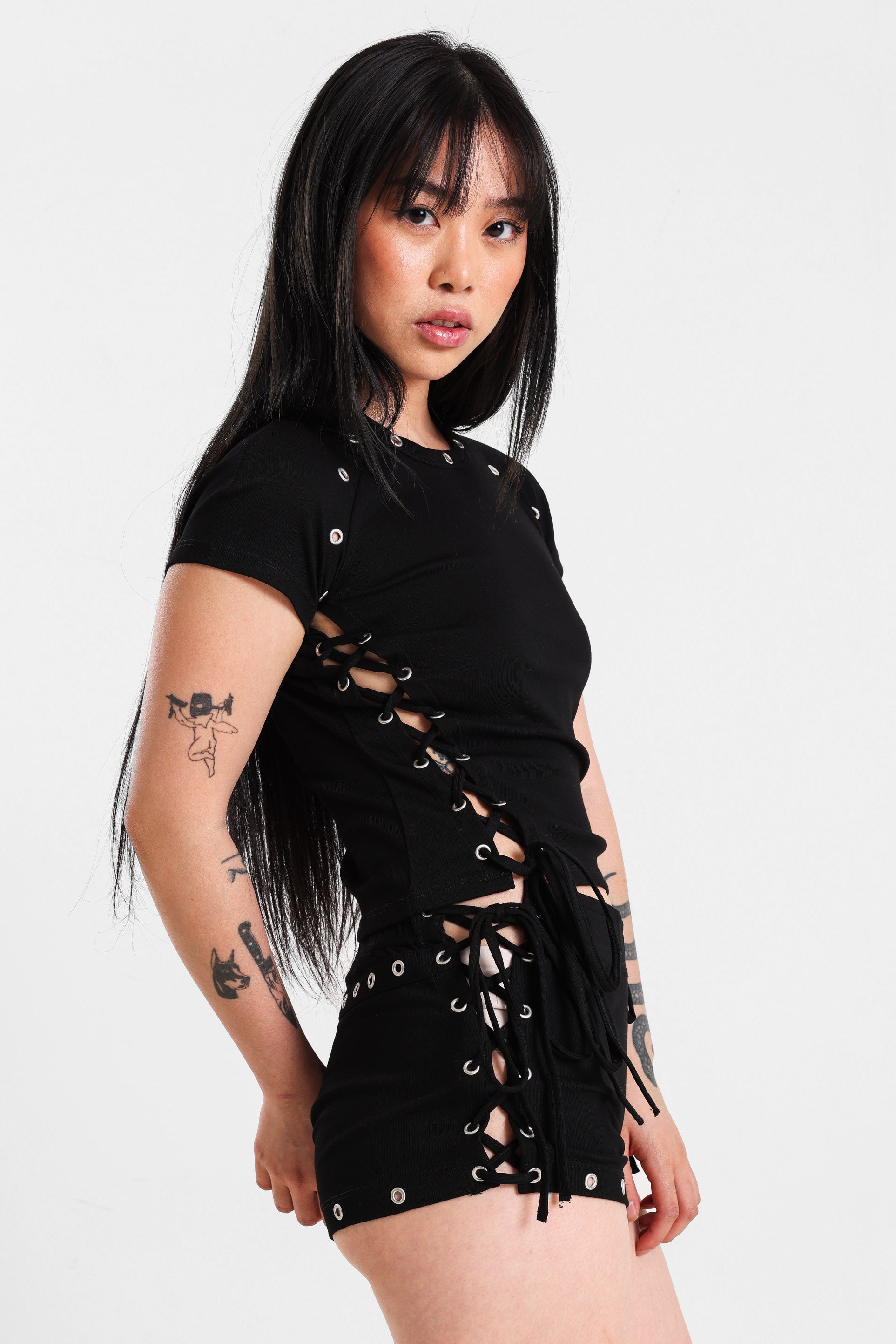 Geripptes Crop T-Shirt - Schwarz