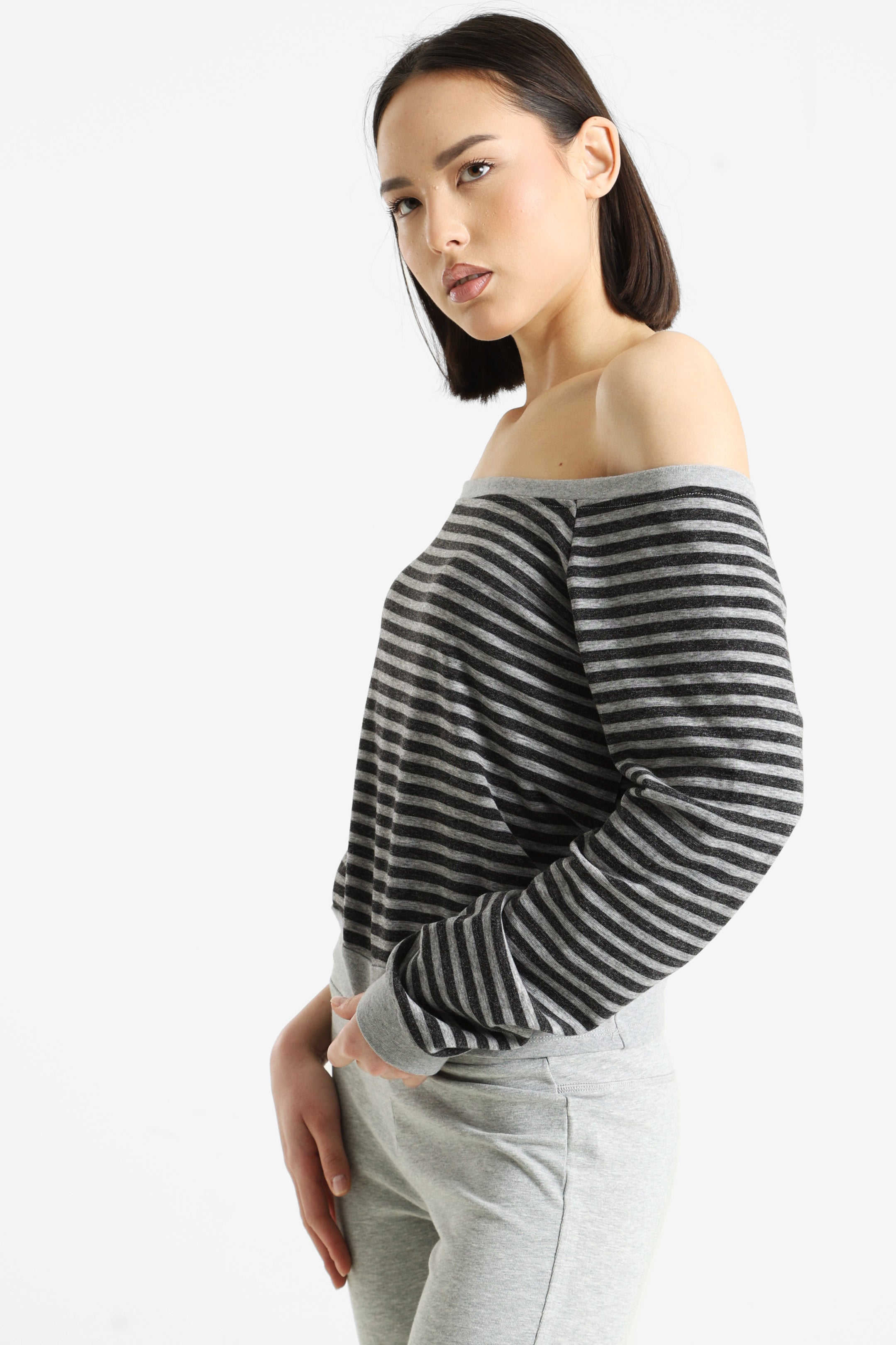 Off Shoulder Langarmshirt - Grau meliert + Anthrazit