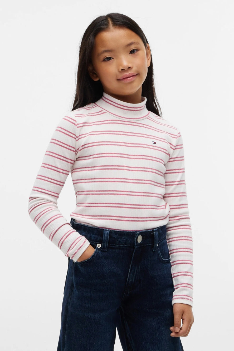 Geripptes Langarmshirt mit Lurexfäden - Offwhite + Pink