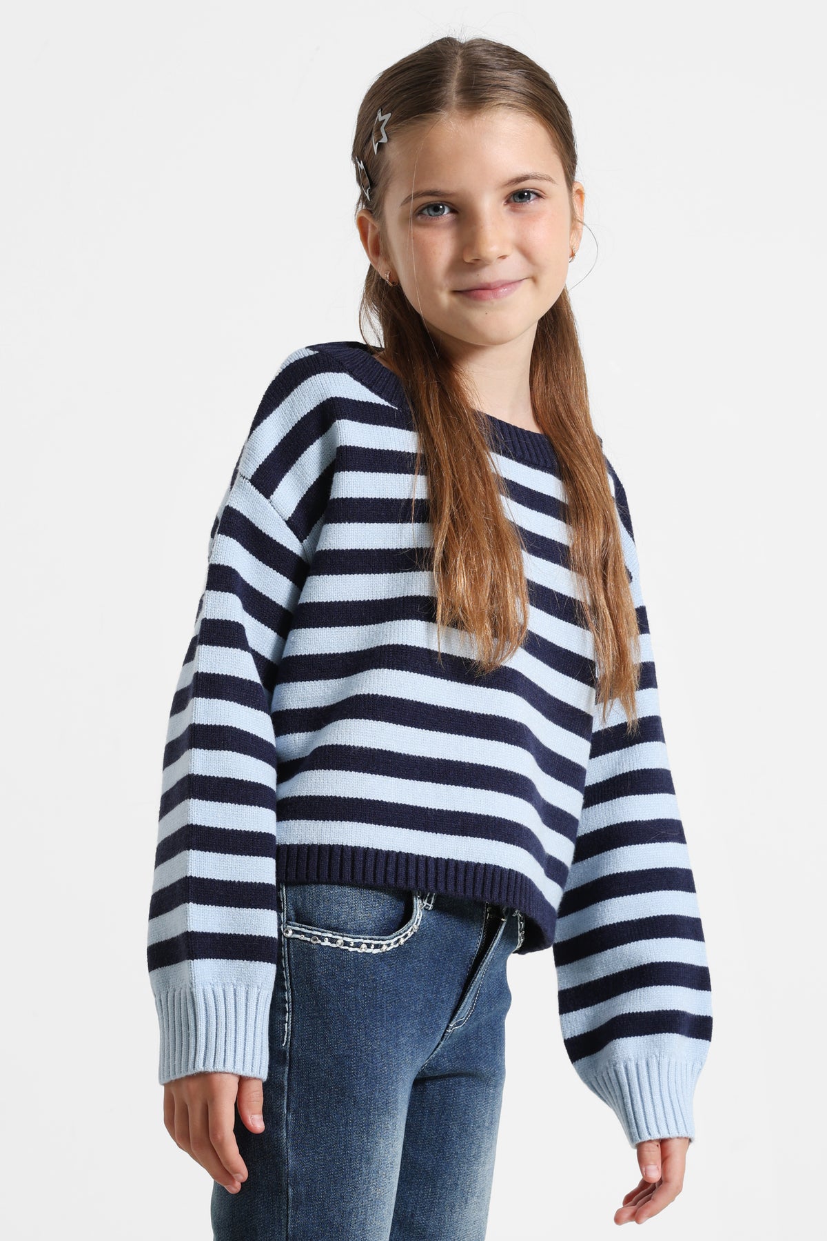 Oversize Chenille Strickpullover - Dunkelblau + Hellblau