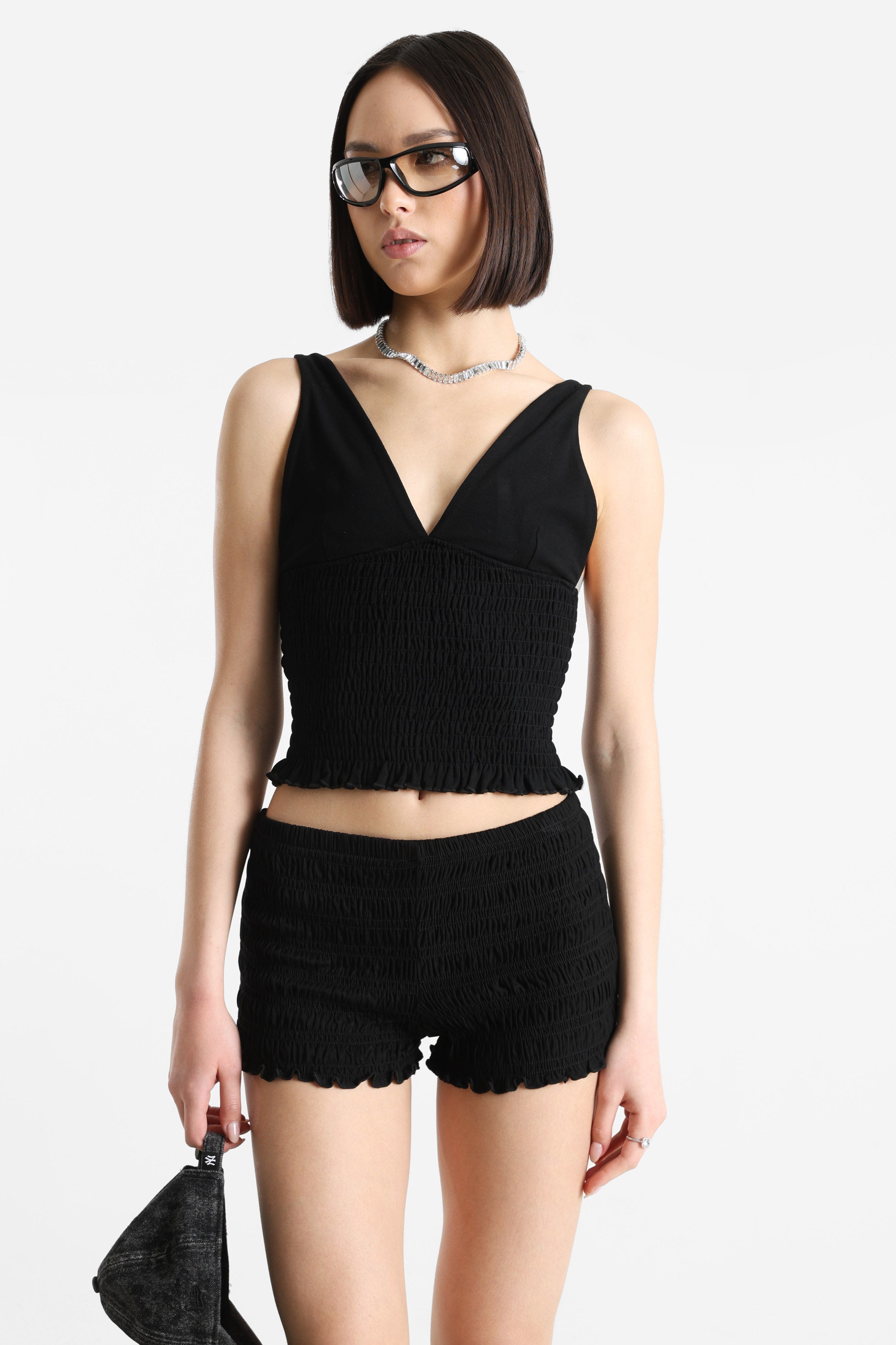 Gesmoktes Crop Top - Schwarz