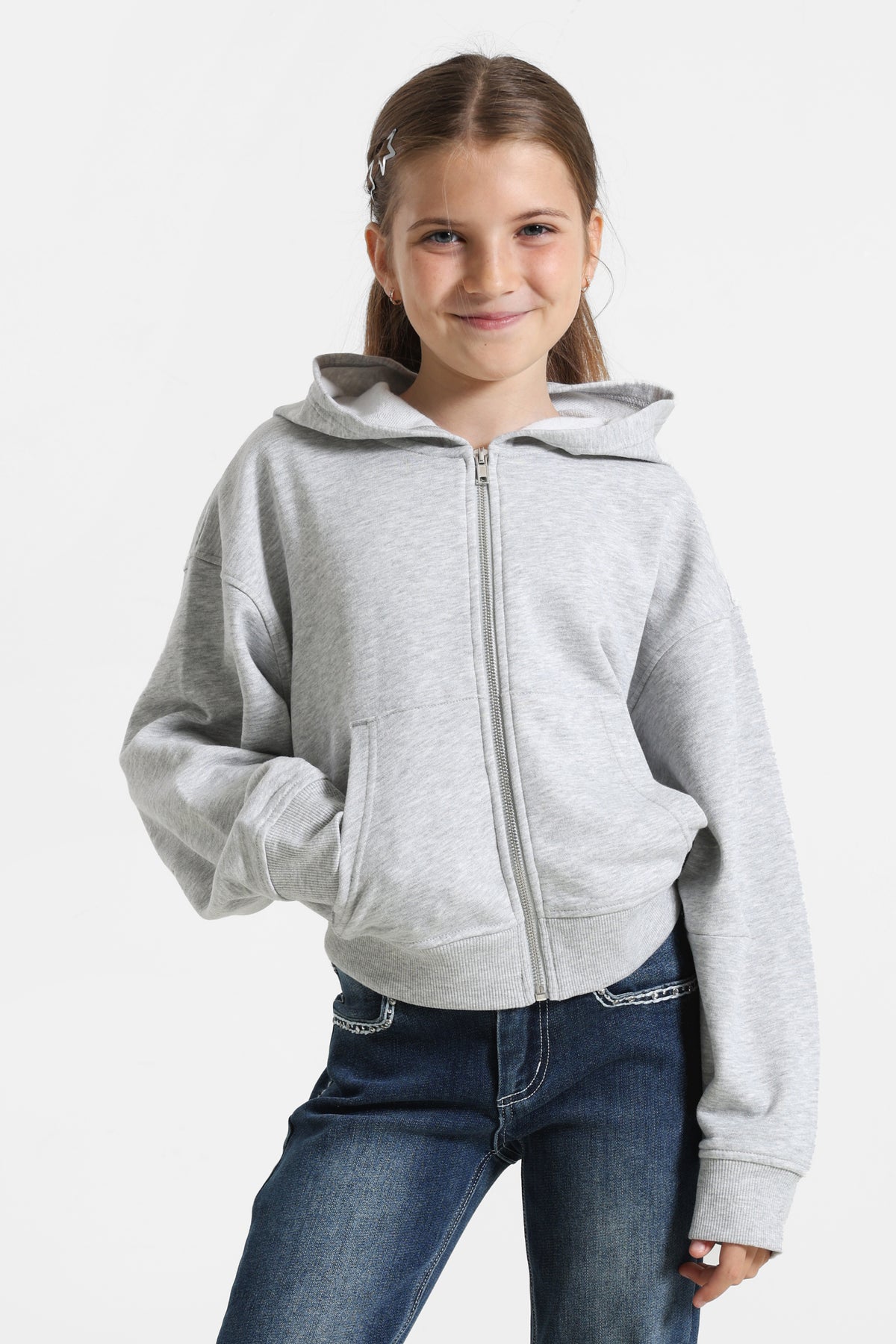 Sweat ample zippé à capuchon - Gris clair chiné