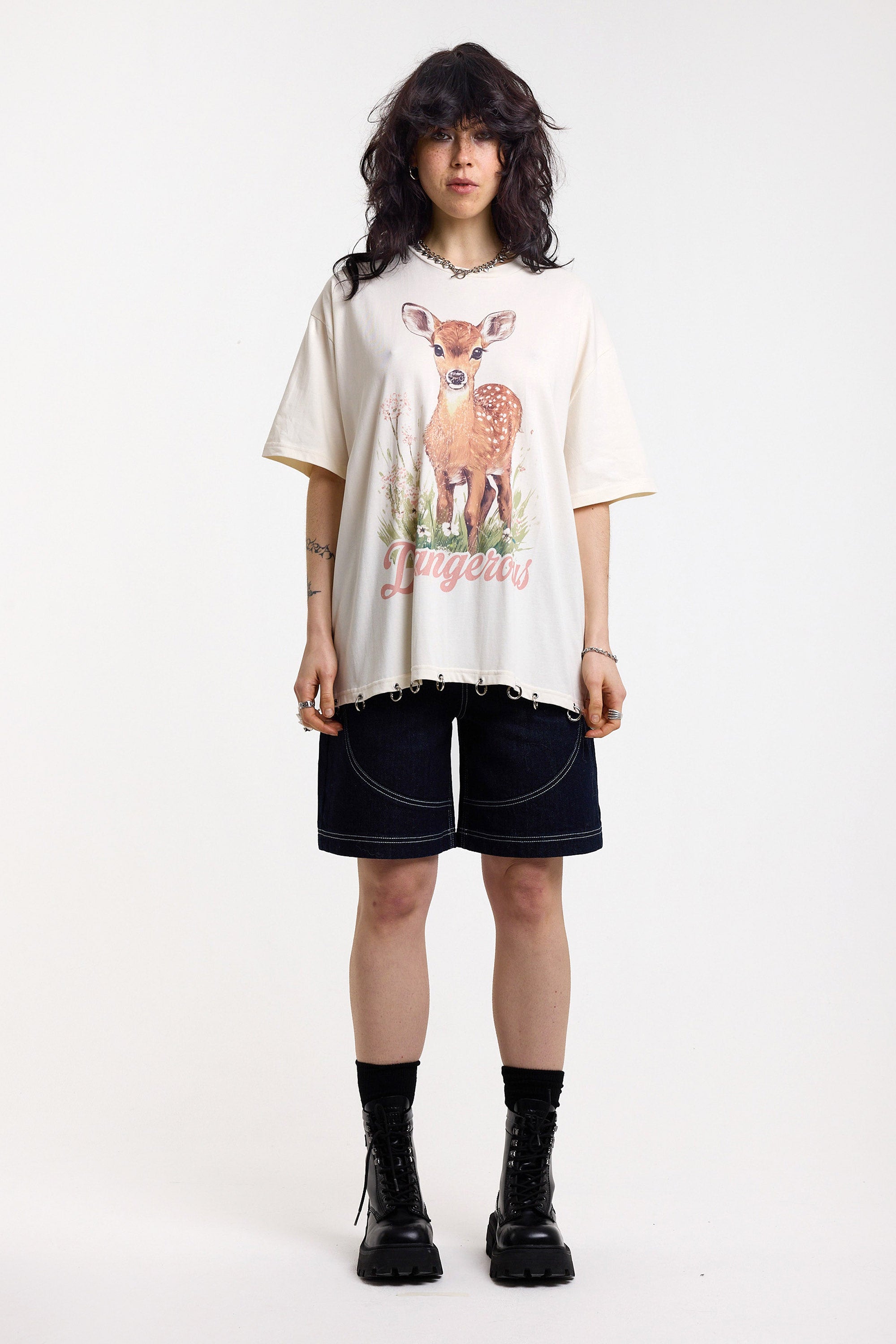 Deer Oversize T-Shirt mit Nieten - Light Beige